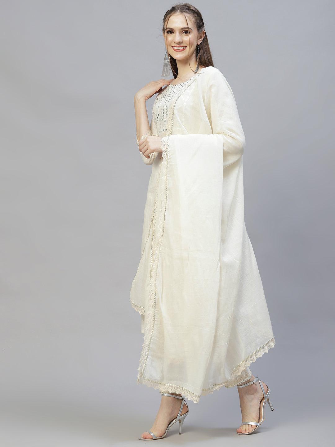 Ethnic Embroidered Straight Kurta with Pants & Dupatta - Off White - Indiakreations