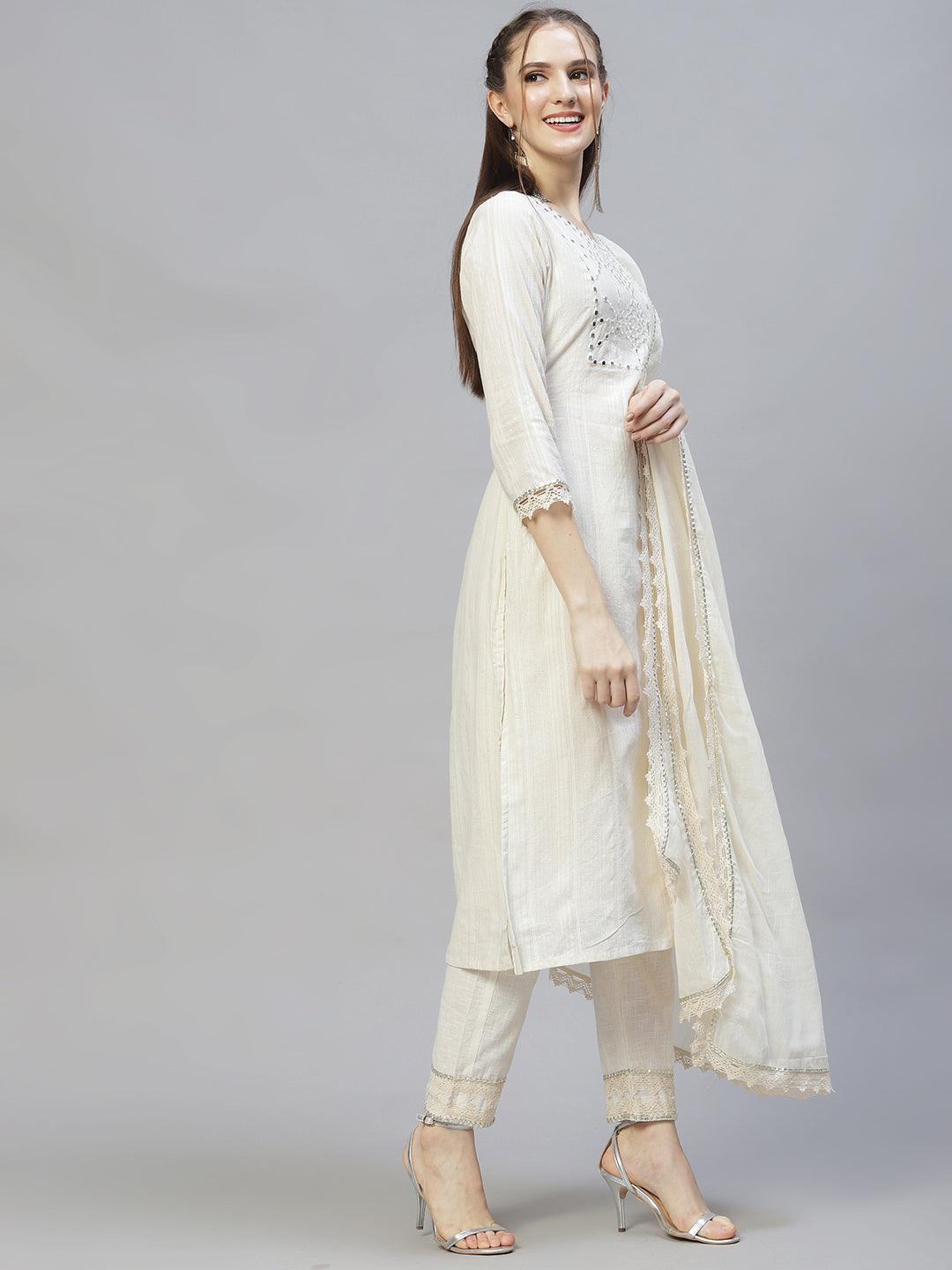 Ethnic Embroidered Straight Kurta with Pants & Dupatta - Off White - Indiakreations