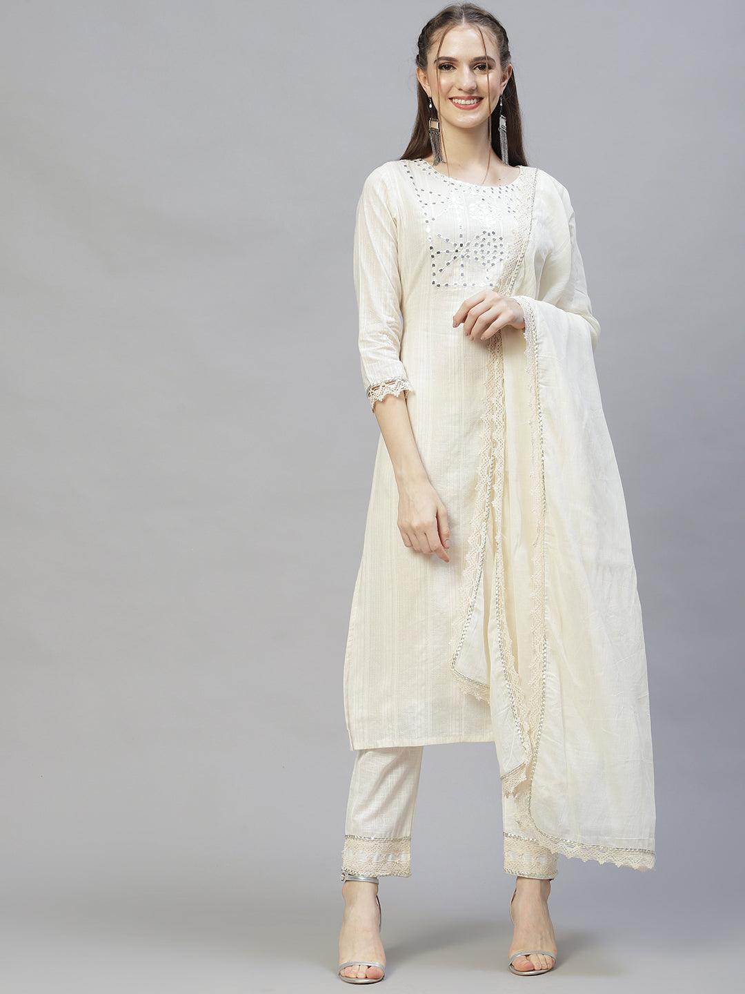 Ethnic Embroidered Straight Kurta with Pants & Dupatta - Off White - Indiakreations