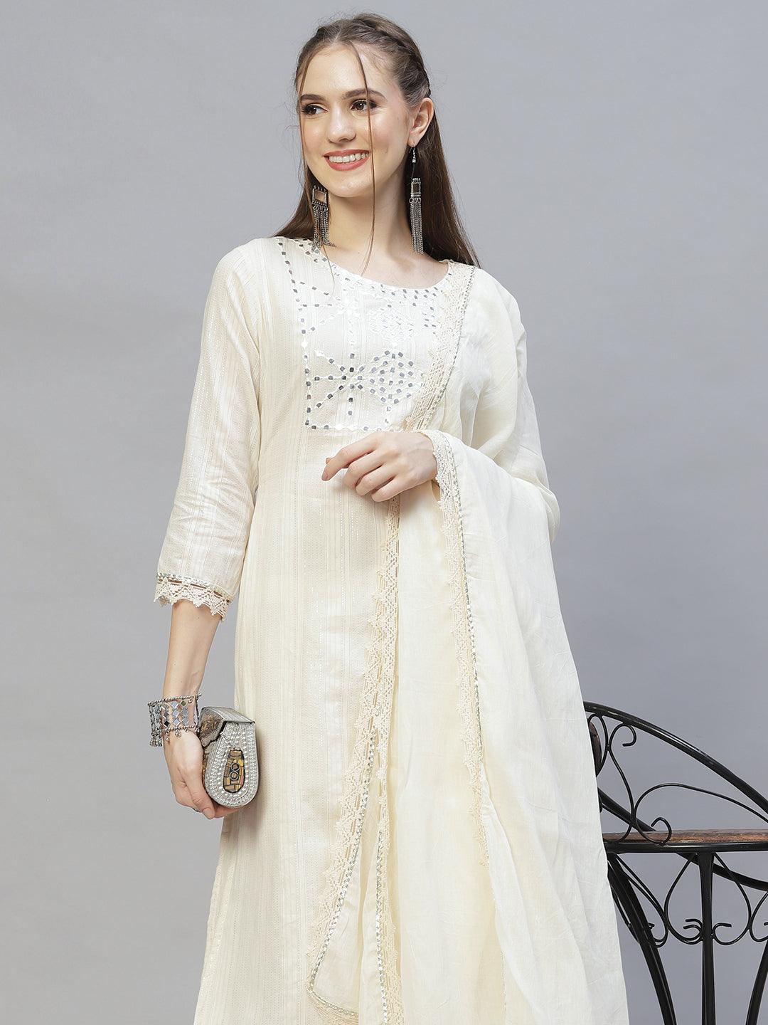 Ethnic Embroidered Straight Kurta with Pants & Dupatta - Off White - Indiakreations