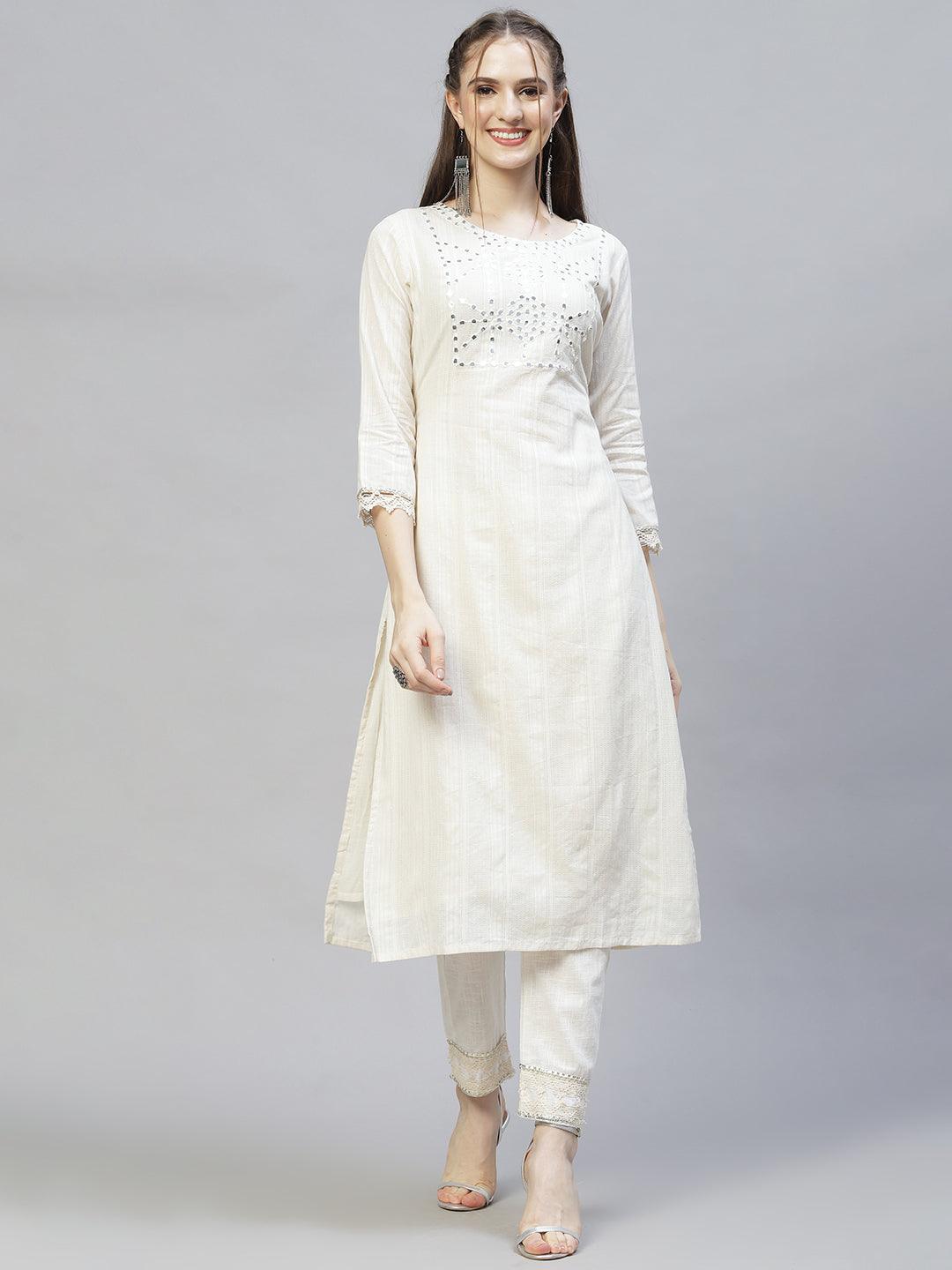 Ethnic Embroidered Straight Kurta with Pants & Dupatta - Off White - Indiakreations