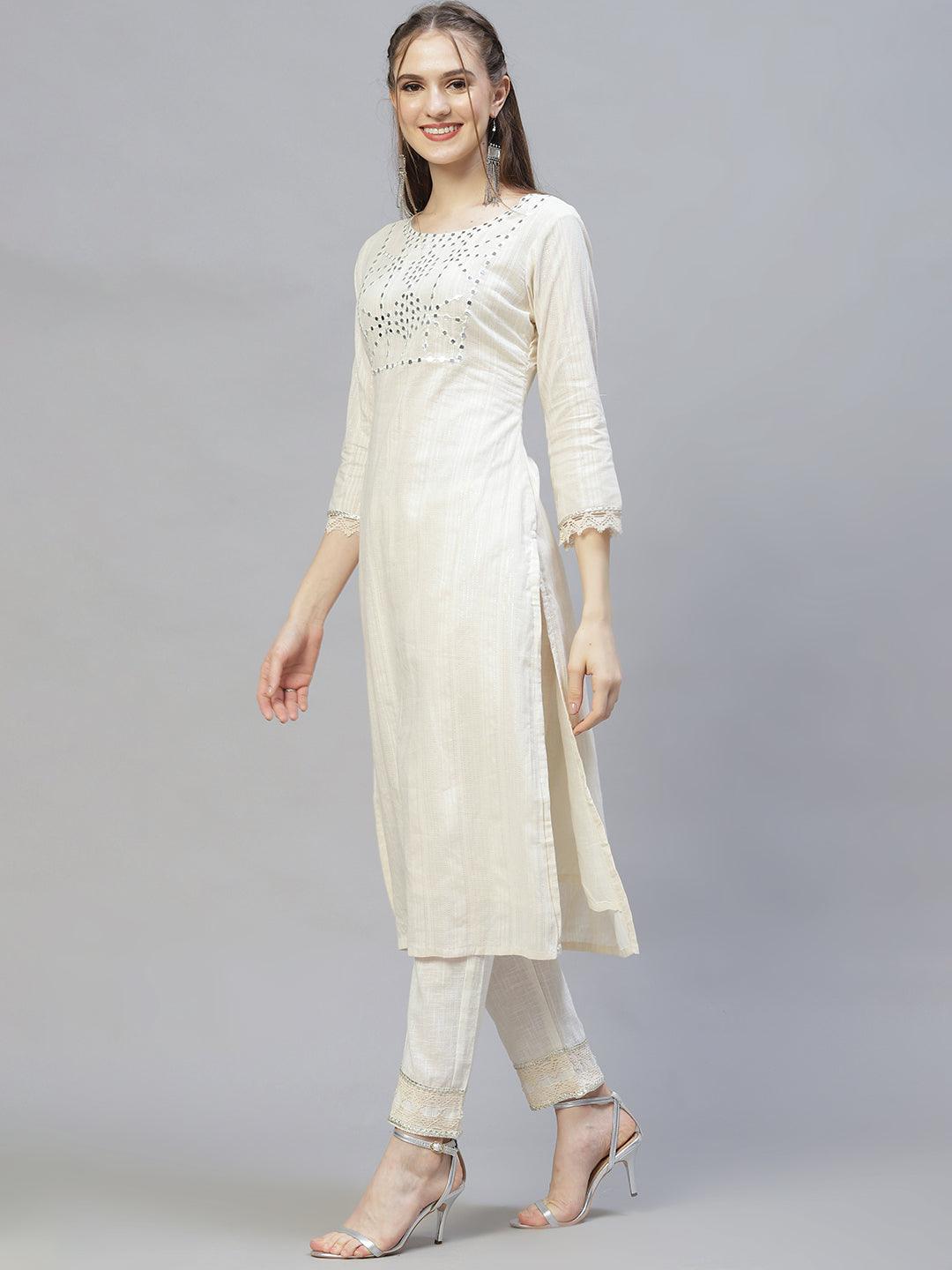 Ethnic Embroidered Straight Kurta with Pants & Dupatta - Off White - Indiakreations