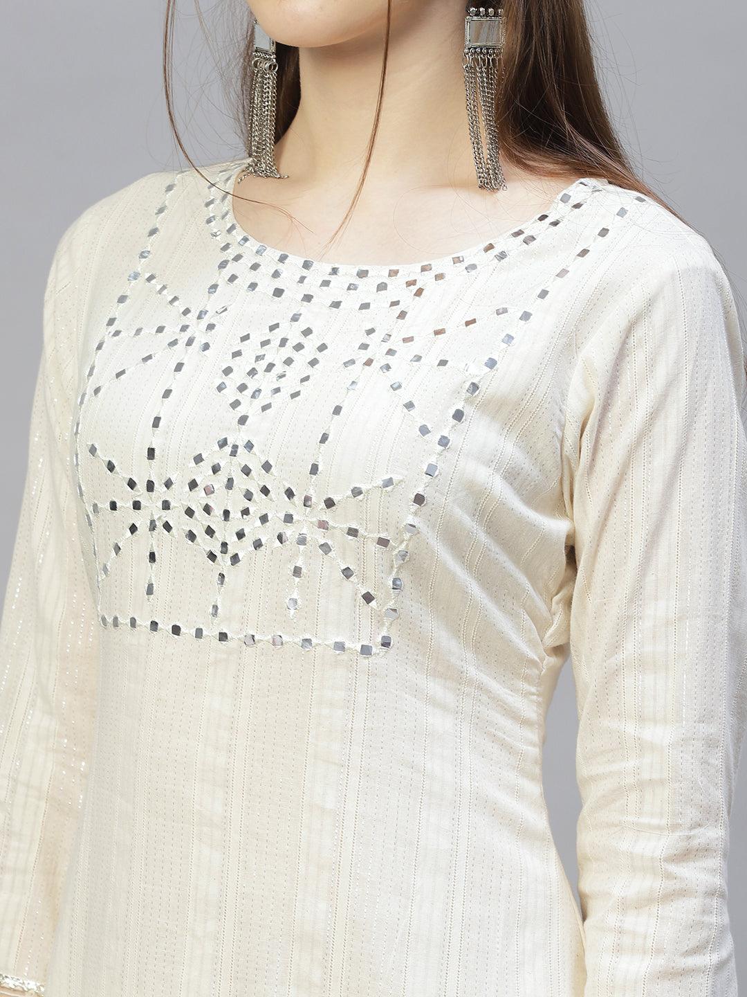 Ethnic Embroidered Straight Kurta with Pants & Dupatta - Off White - Indiakreations