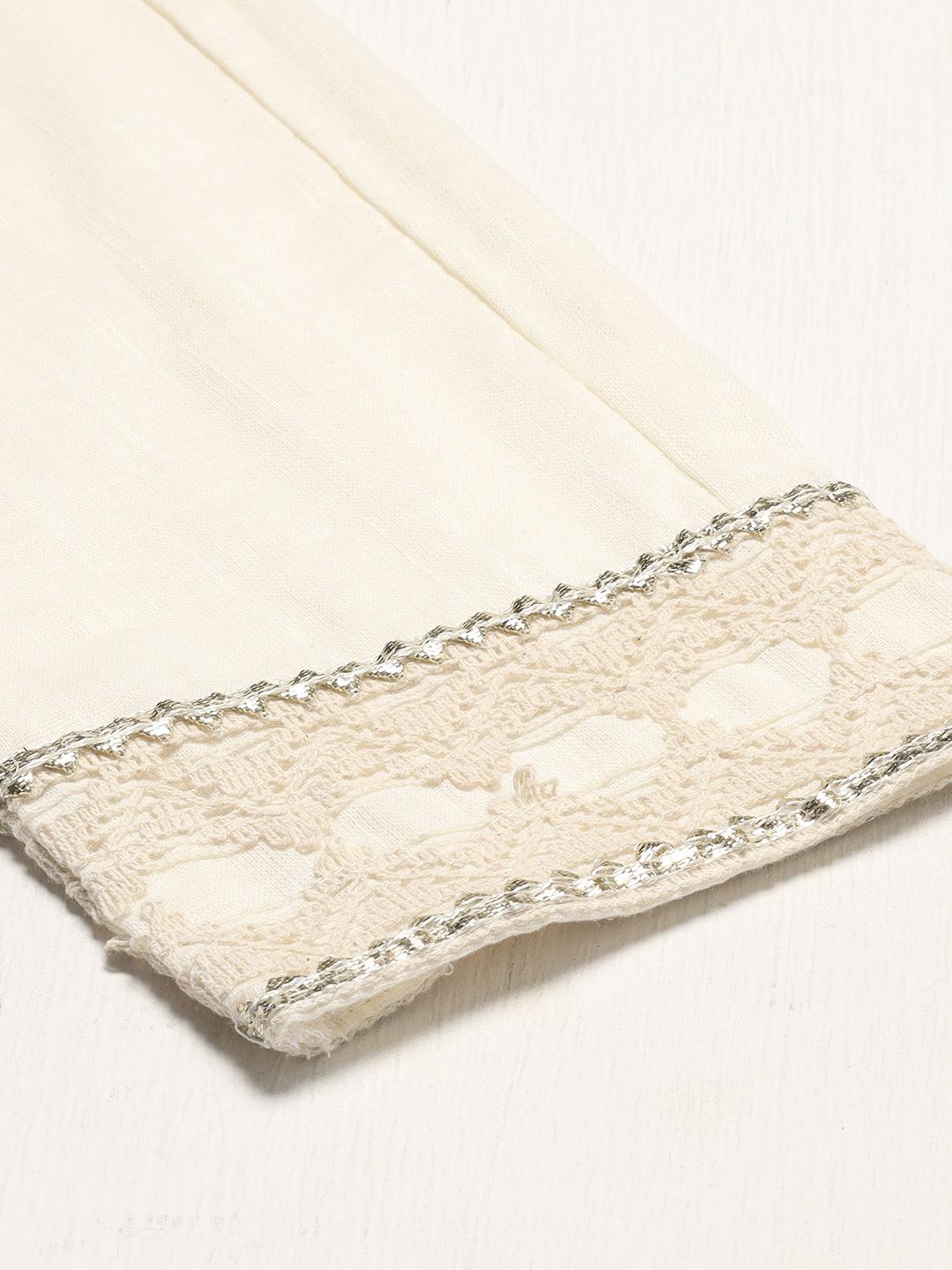 Ethnic Embroidered Straight Kurta with Pants & Dupatta - Off White - Indiakreations