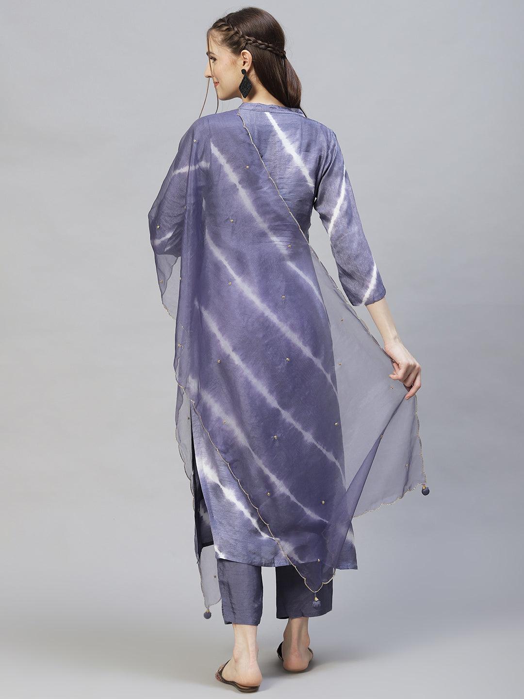 Tie-Dyed & Hand Embroidered Straight Kurta with Pants & Dupatta - Light Purple - Indiakreations