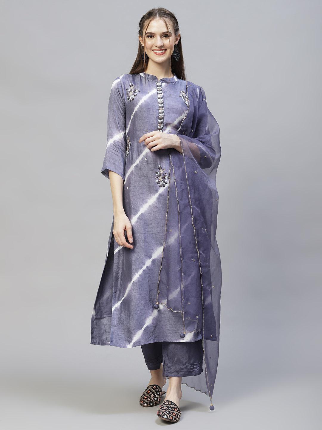 Tie-Dyed & Hand Embroidered Straight Kurta with Pants & Dupatta - Light Purple - Indiakreations