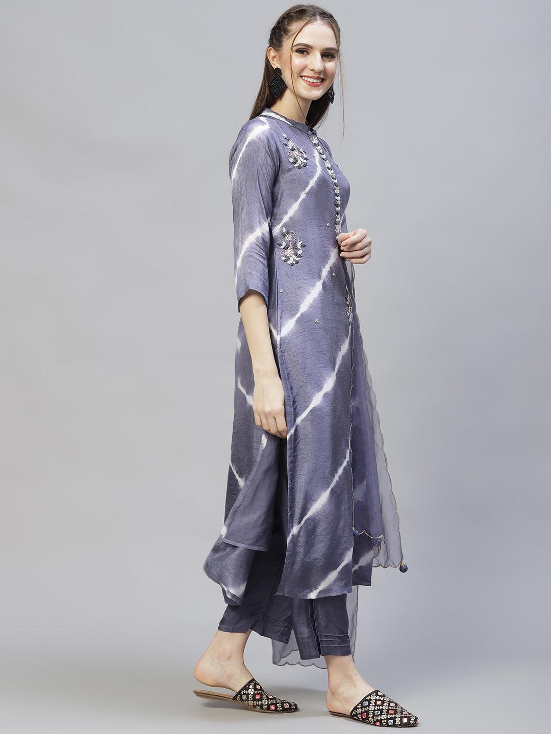 Tie-Dyed & Hand Embroidered Straight Kurta with Pants & Dupatta - Light Purple - Indiakreations