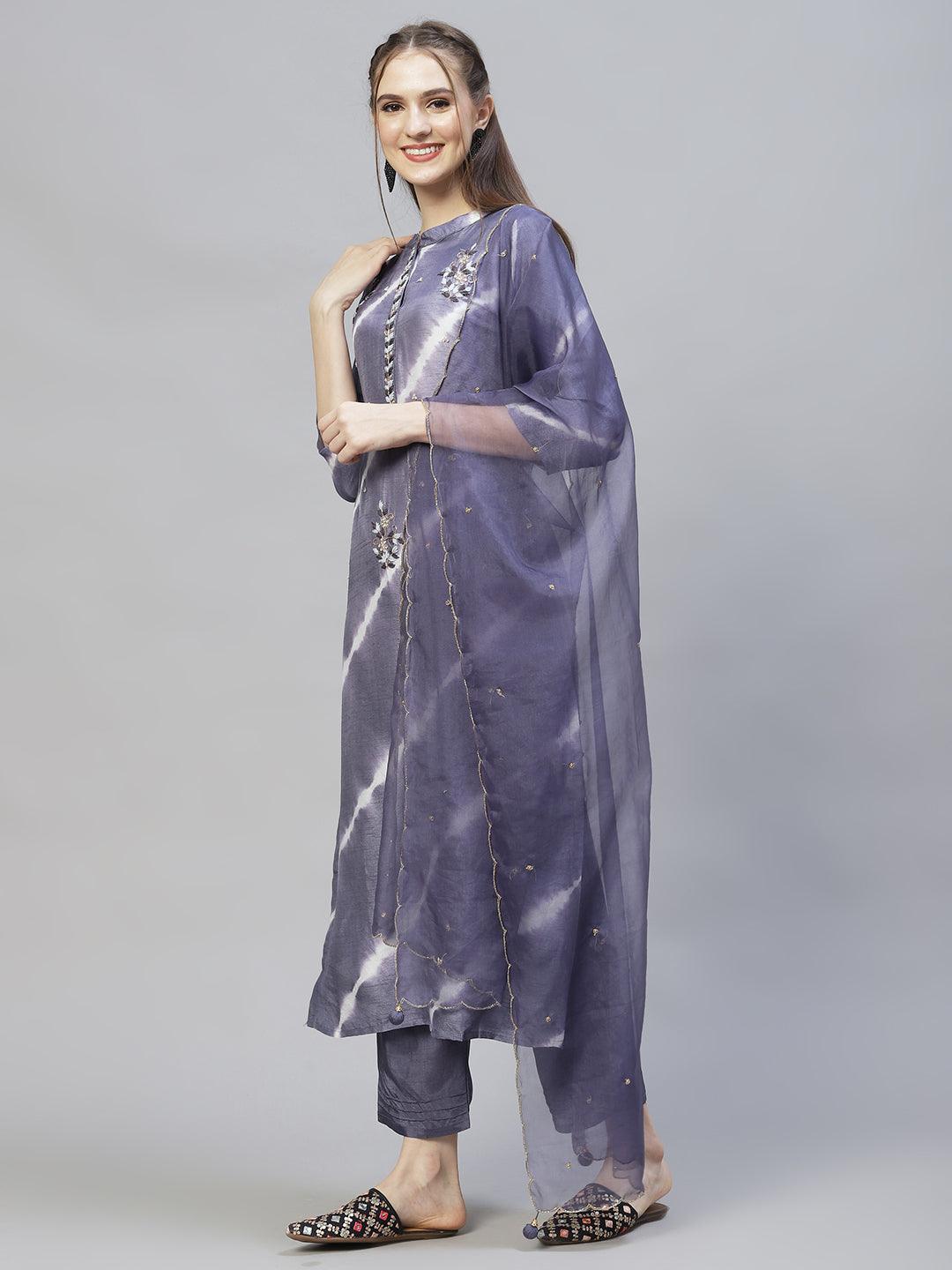 Tie-Dyed & Hand Embroidered Straight Kurta with Pants & Dupatta - Light Purple - Indiakreations