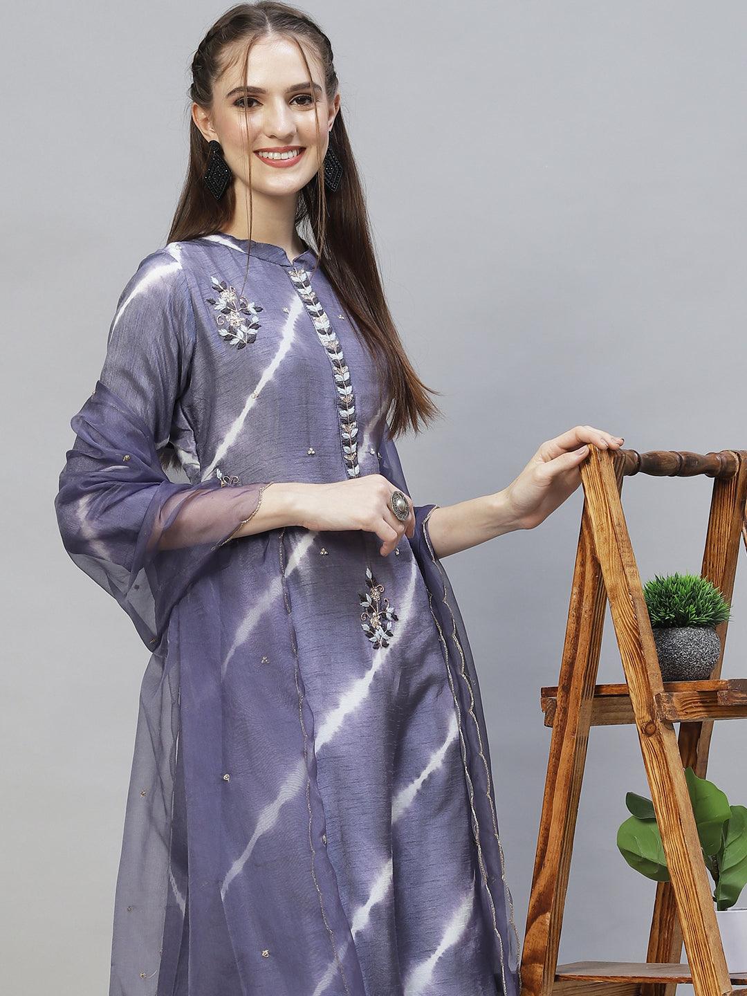 Tie-Dyed & Hand Embroidered Straight Kurta with Pants & Dupatta - Light Purple - Indiakreations