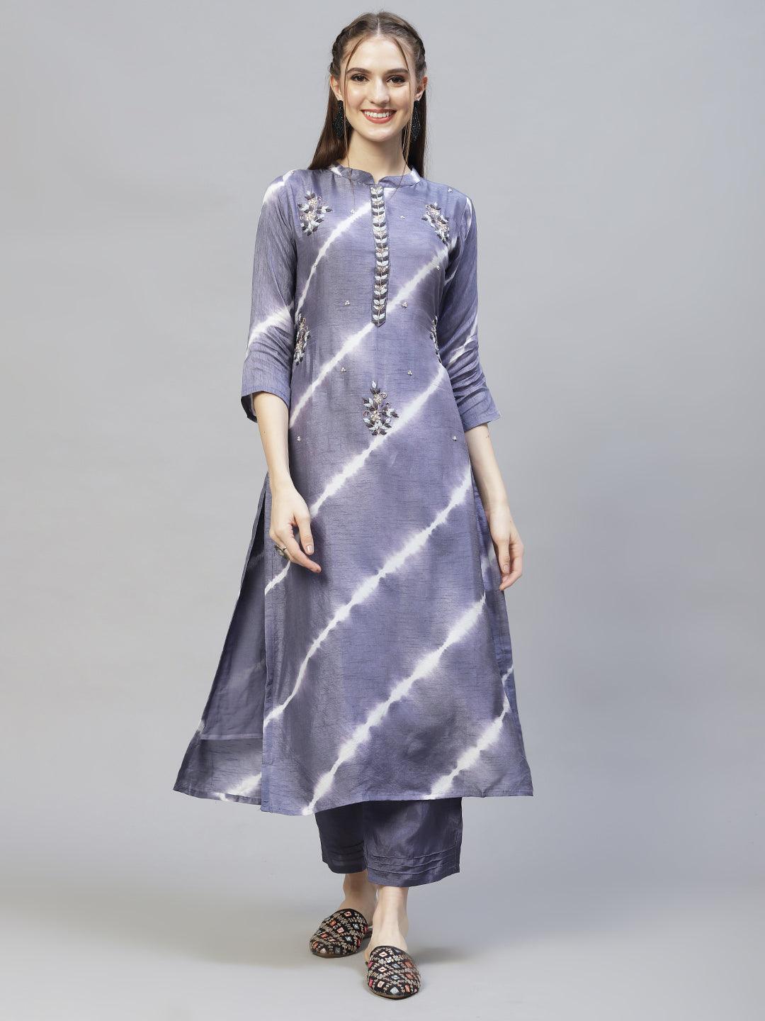 Tie-Dyed & Hand Embroidered Straight Kurta with Pants & Dupatta - Light Purple - Indiakreations