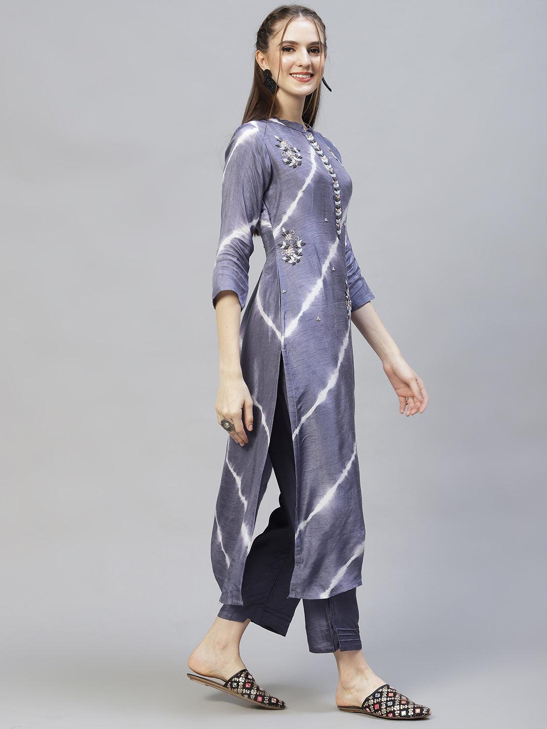 Tie-Dyed & Hand Embroidered Straight Kurta with Pants & Dupatta - Light Purple - Indiakreations