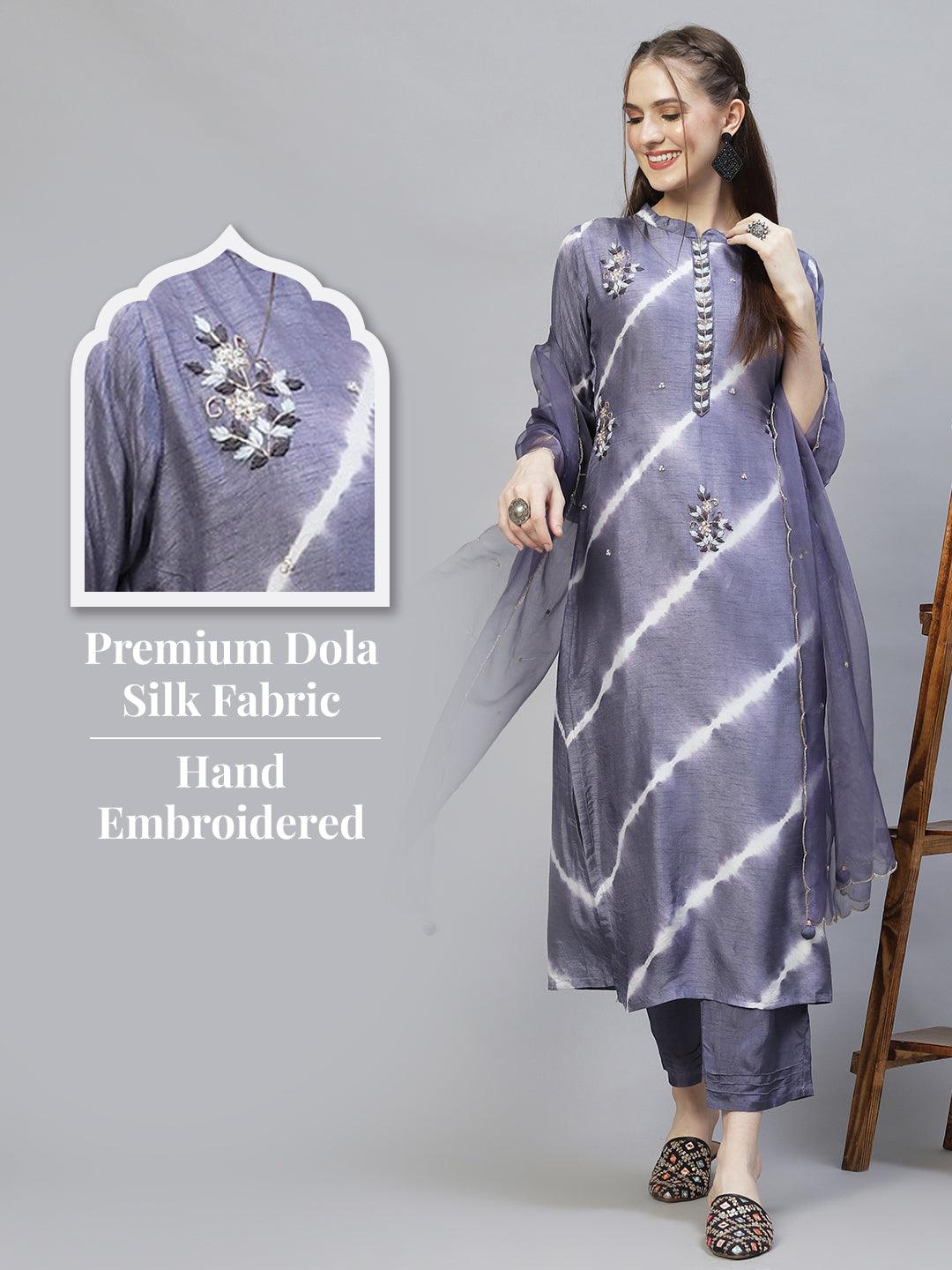 Tie-Dyed & Hand Embroidered Straight Kurta with Pants & Dupatta - Light Purple - Indiakreations