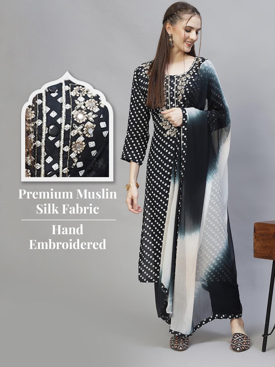 Ethnic Printed & Hand Embroidered Kurta with Pants & Dupatta - Black - Indiakreations