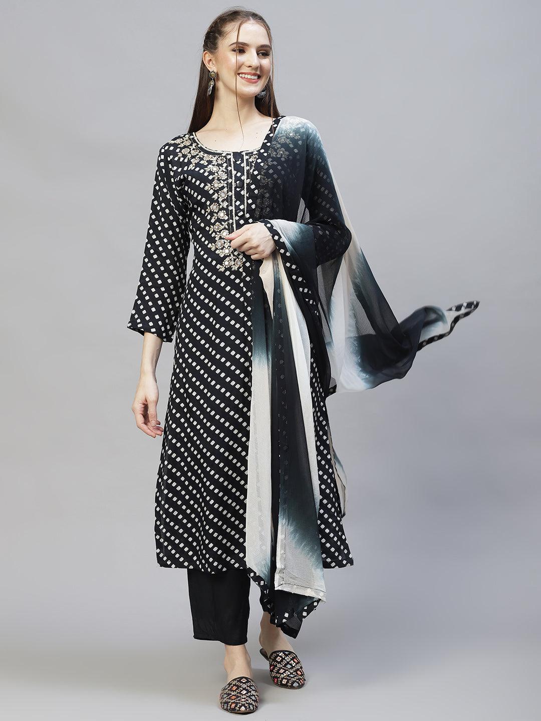 Ethnic Printed & Hand Embroidered Kurta with Pants & Dupatta - Black - Indiakreations