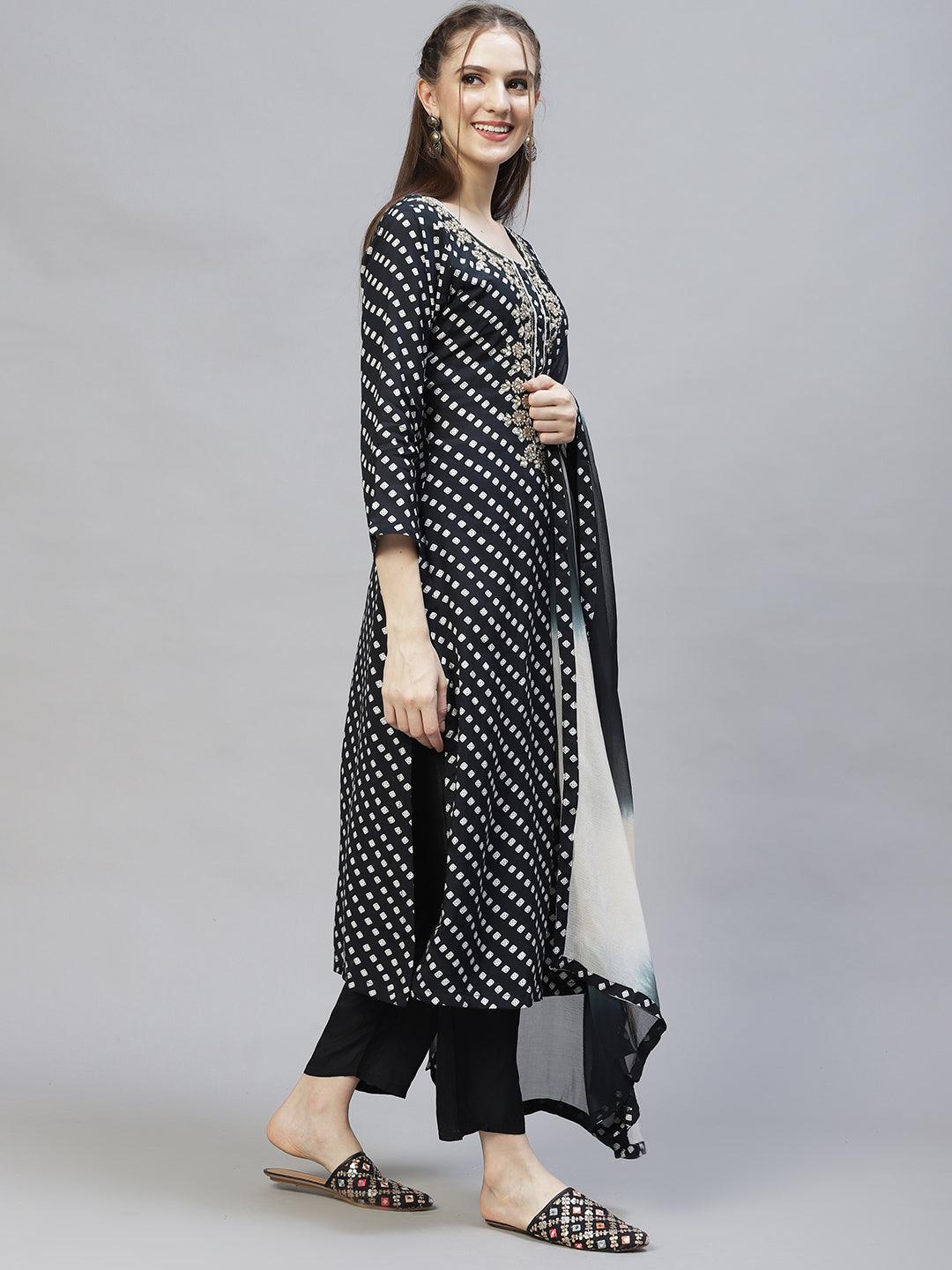 Ethnic Printed & Hand Embroidered Kurta with Pants & Dupatta - Black - Indiakreations