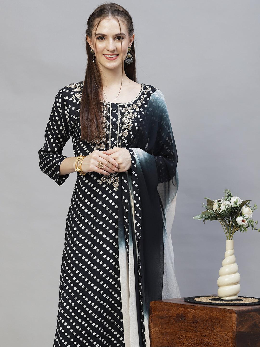 Ethnic Printed & Hand Embroidered Kurta with Pants & Dupatta - Black - Indiakreations