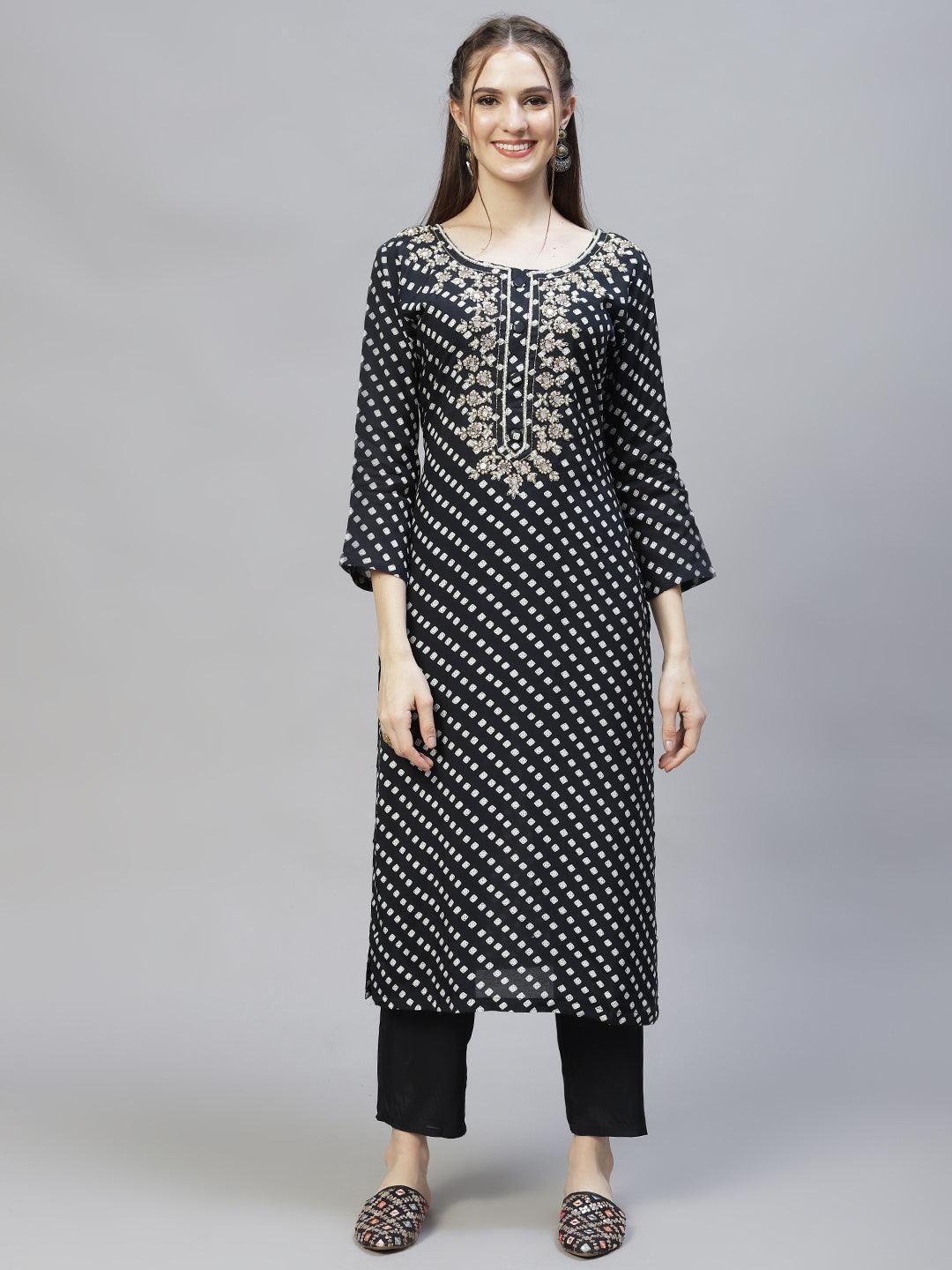 Ethnic Printed & Hand Embroidered Kurta with Pants & Dupatta - Black - Indiakreations