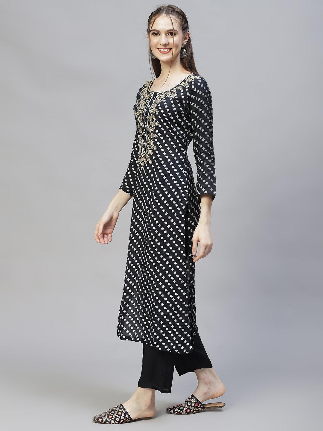 Ethnic Printed & Hand Embroidered Kurta with Pants & Dupatta - Black - Indiakreations