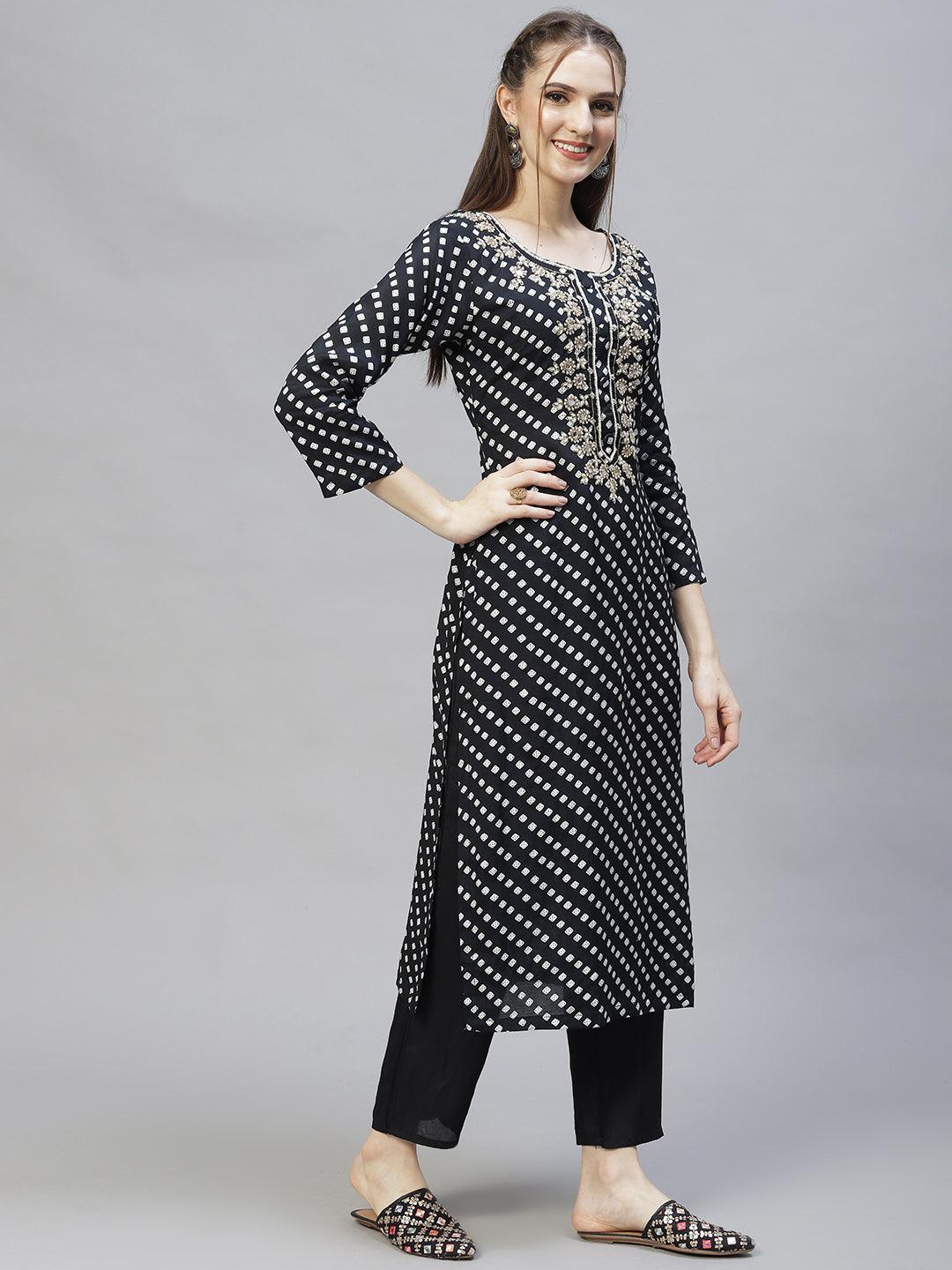 Ethnic Printed & Hand Embroidered Kurta with Pants & Dupatta - Black - Indiakreations