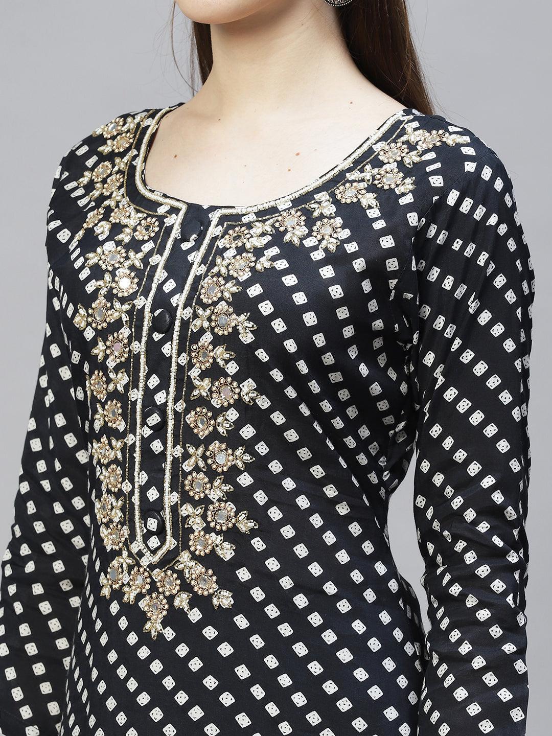 Ethnic Printed & Hand Embroidered Kurta with Pants & Dupatta - Black - Indiakreations