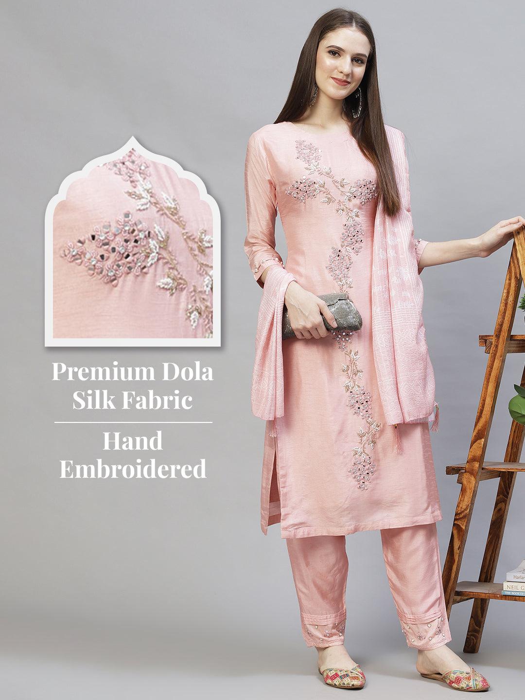 Ethnic Hand Embroidered Kurta with Pants & Dupatta - Light Pink - Indiakreations