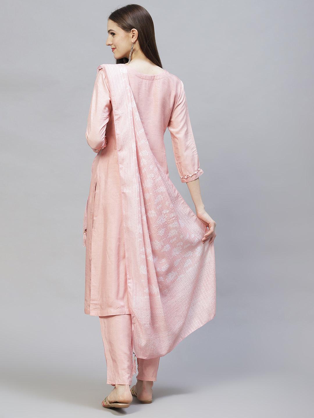 Ethnic Hand Embroidered Kurta with Pants & Dupatta - Light Pink - Indiakreations