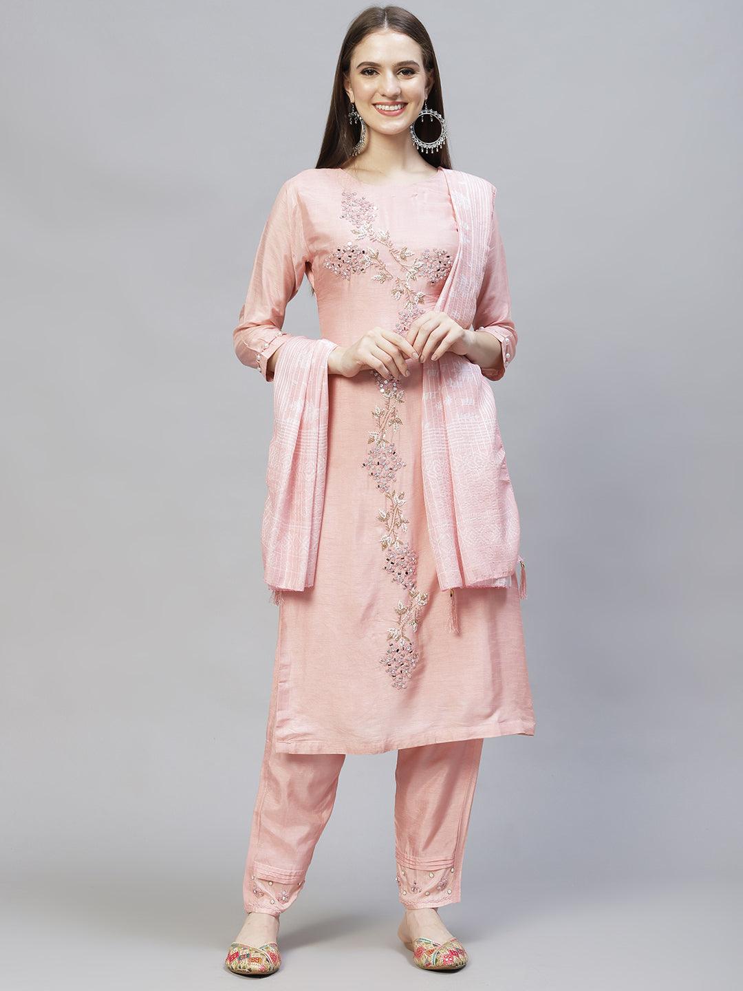 Ethnic Hand Embroidered Kurta with Pants & Dupatta - Light Pink - Indiakreations