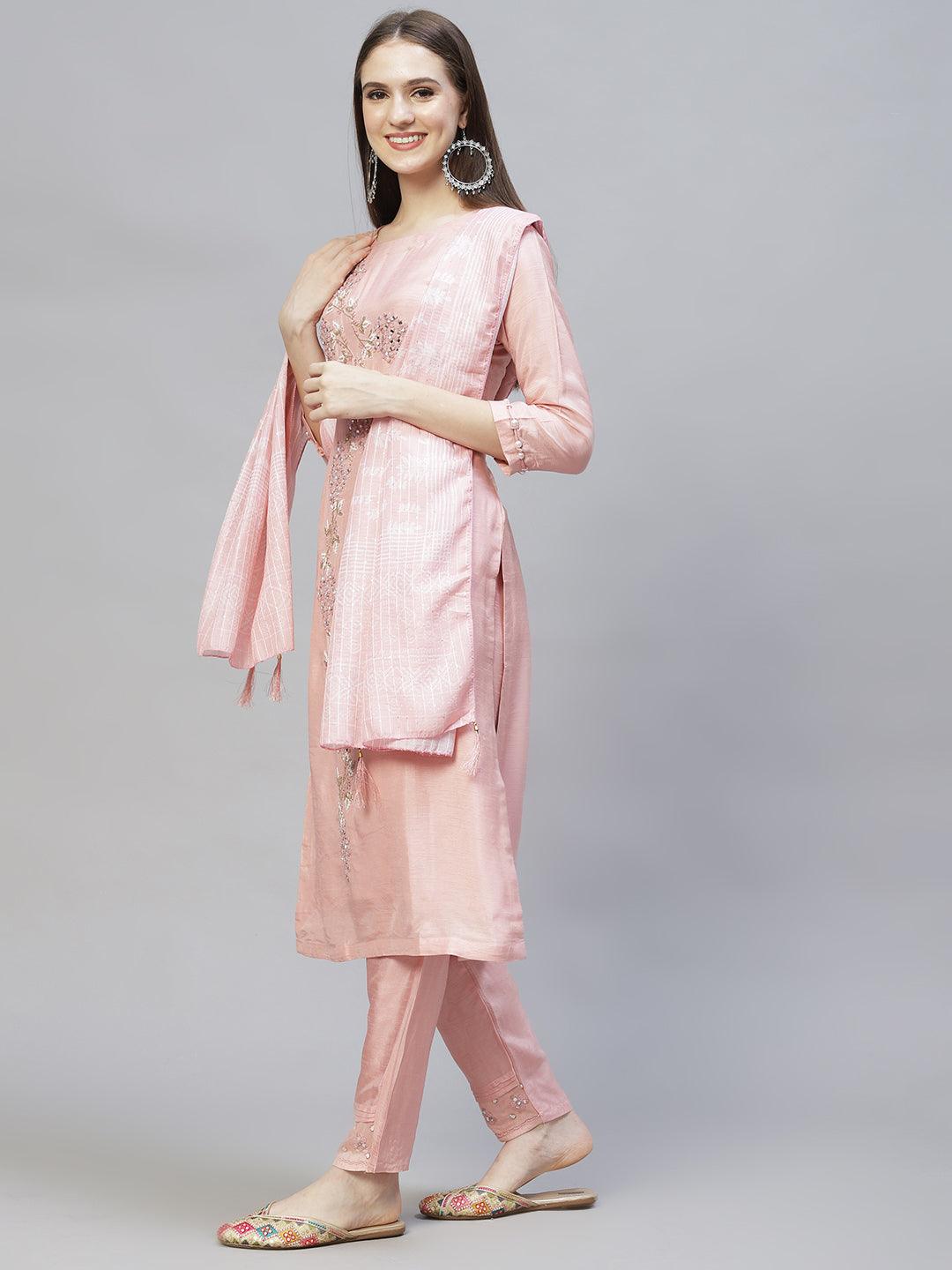 Ethnic Hand Embroidered Kurta with Pants & Dupatta - Light Pink - Indiakreations