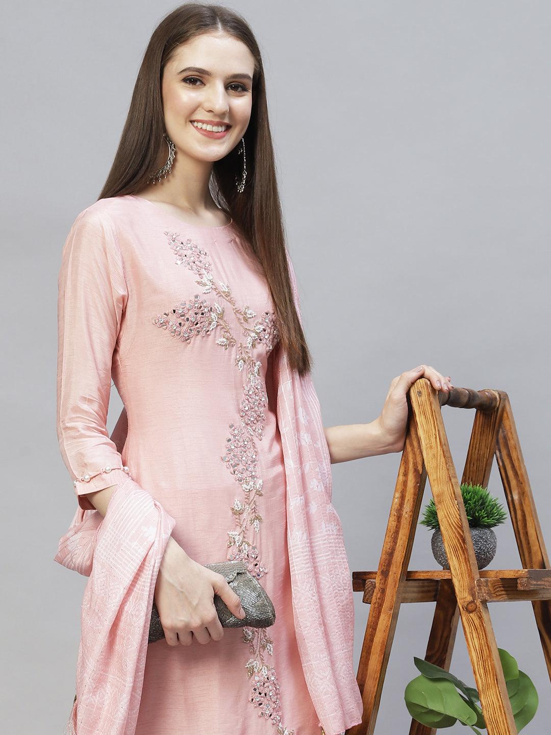 Ethnic Hand Embroidered Kurta with Pants & Dupatta - Light Pink - Indiakreations