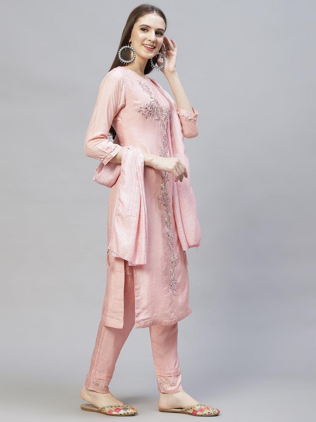 Ethnic Hand Embroidered Kurta with Pants & Dupatta - Light Pink - Indiakreations