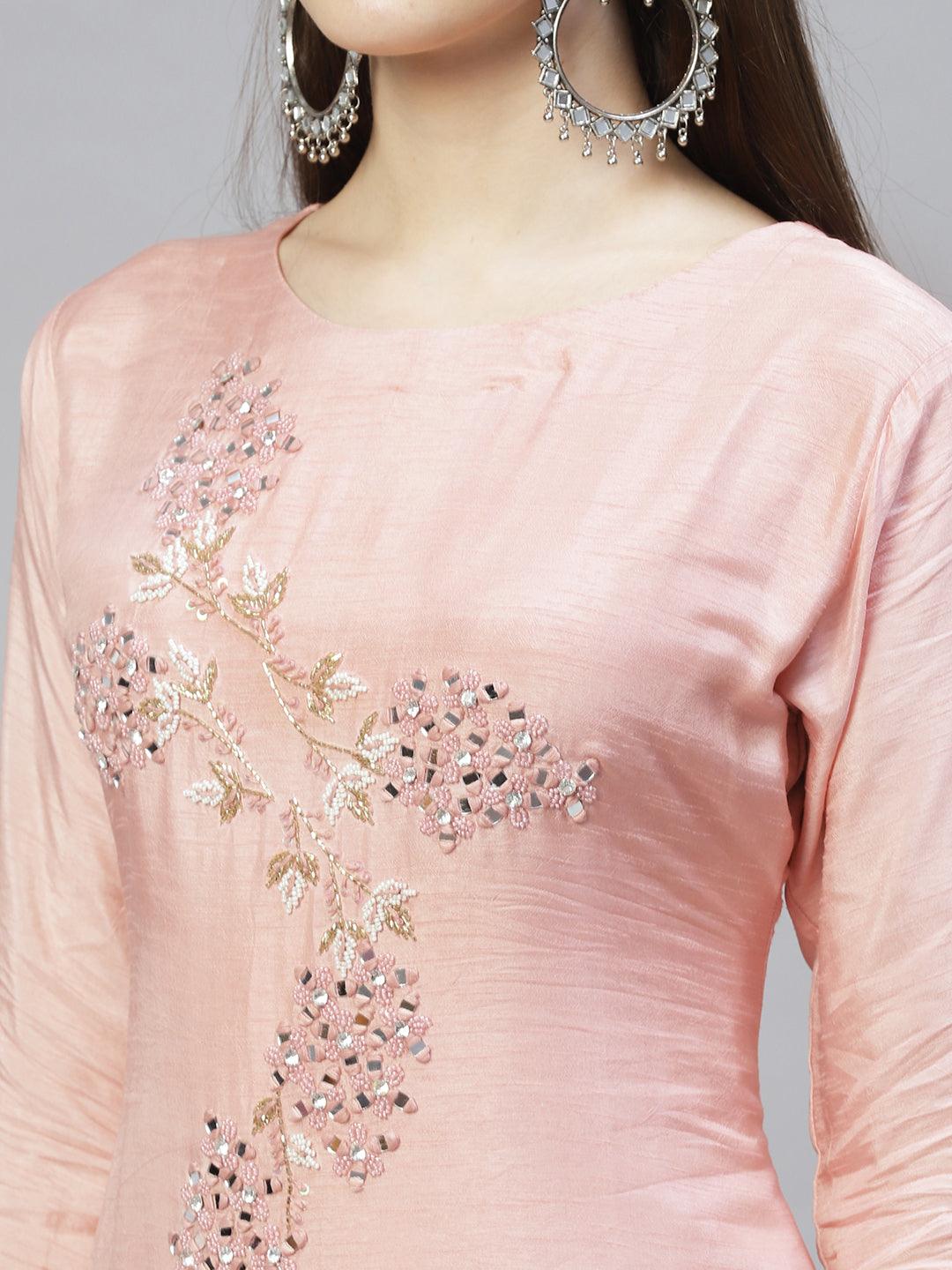 Ethnic Hand Embroidered Kurta with Pants & Dupatta - Light Pink - Indiakreations