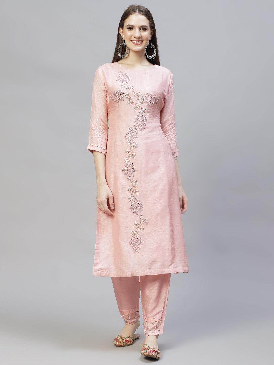 Ethnic Hand Embroidered Kurta with Pants & Dupatta - Light Pink - Indiakreations