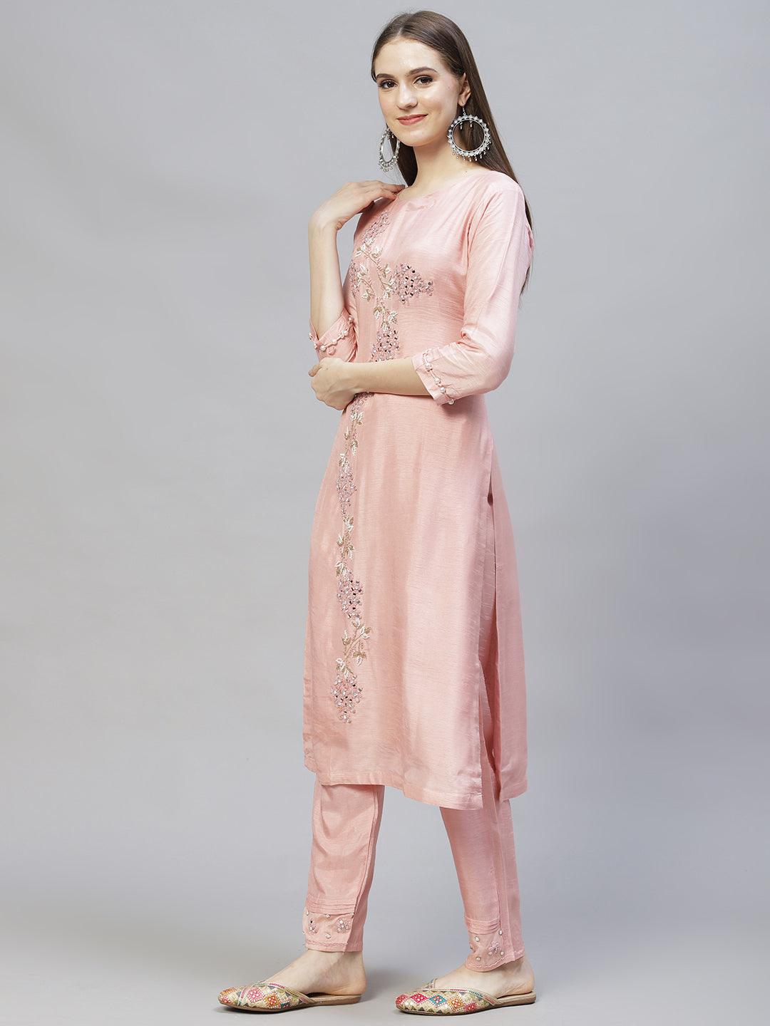 Ethnic Hand Embroidered Kurta with Pants & Dupatta - Light Pink - Indiakreations