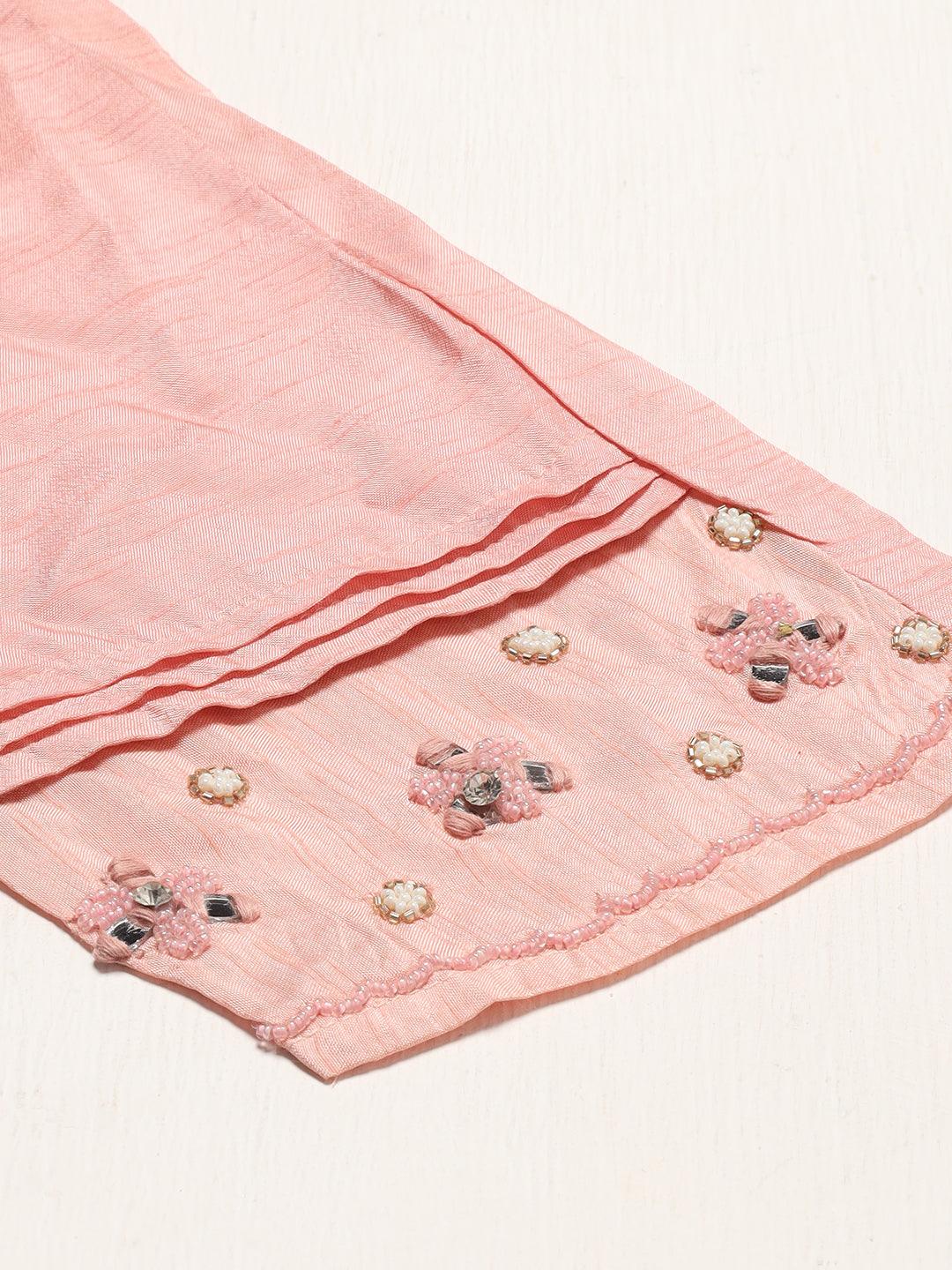 Ethnic Hand Embroidered Kurta with Pants & Dupatta - Light Pink - Indiakreations