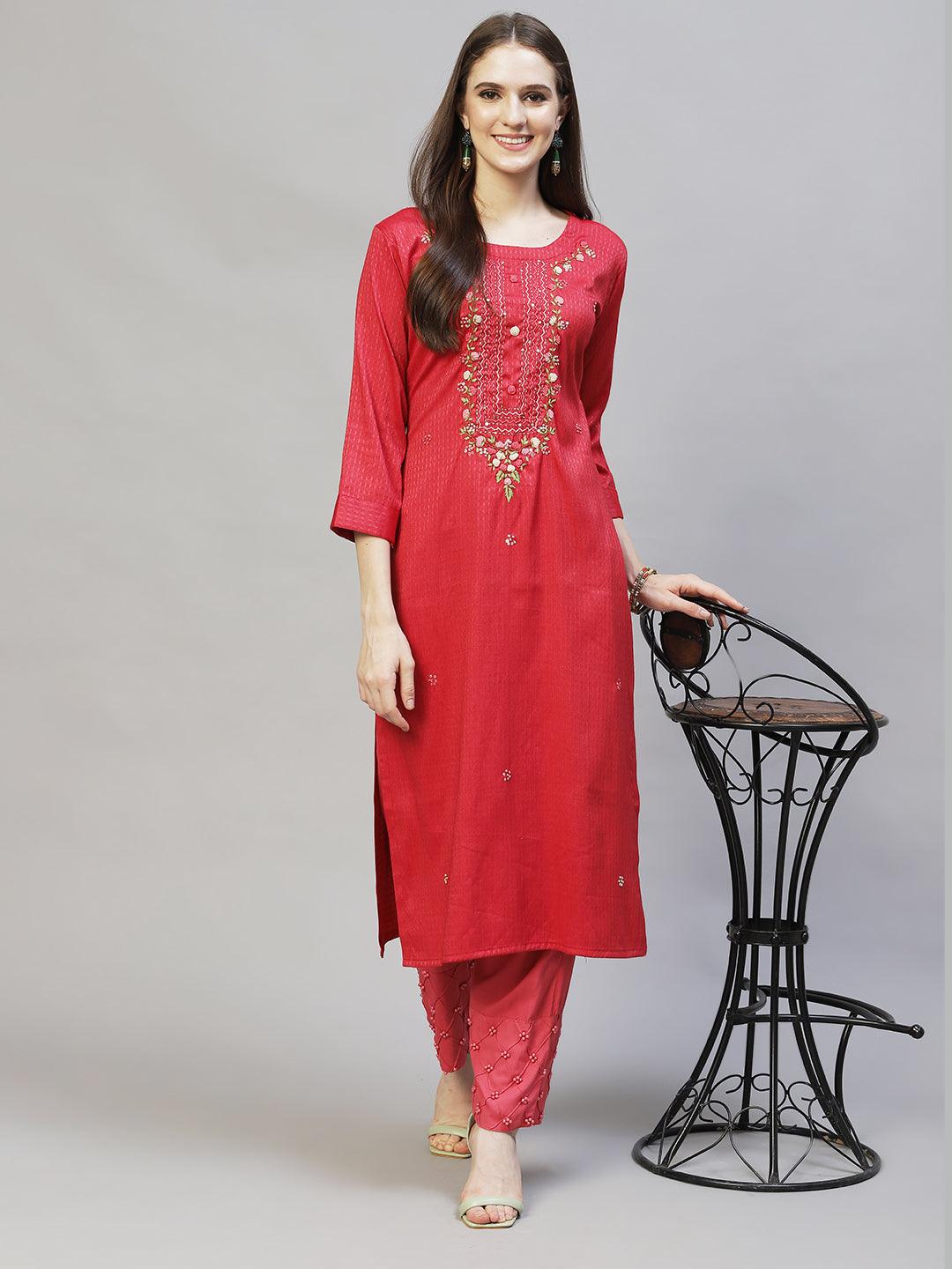 Ethnic Woven & Hand Embroidered Straight Fit Kurta – Red - Indiakreations