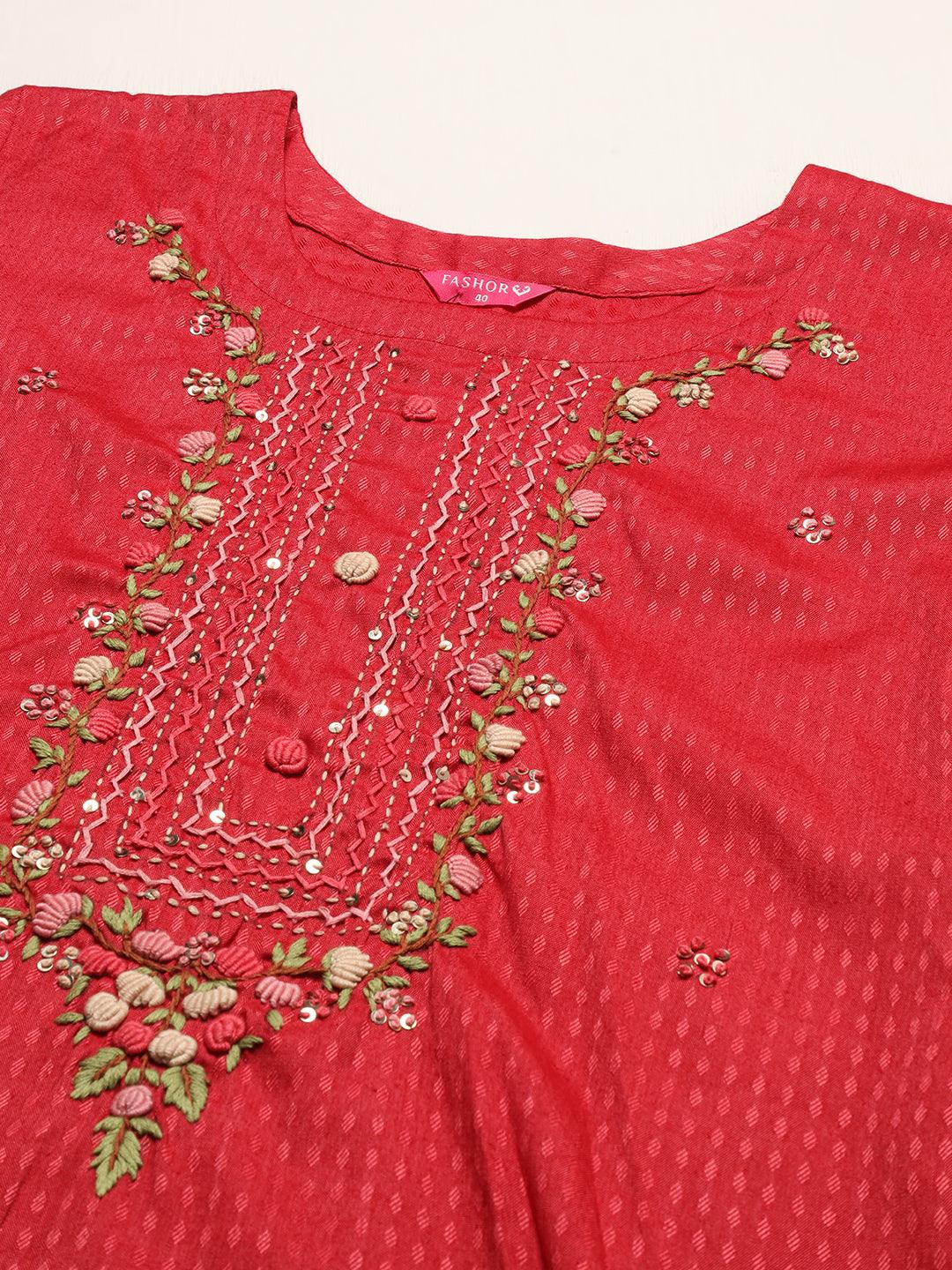 Ethnic Woven & Hand Embroidered Straight Fit Kurta – Red - Indiakreations