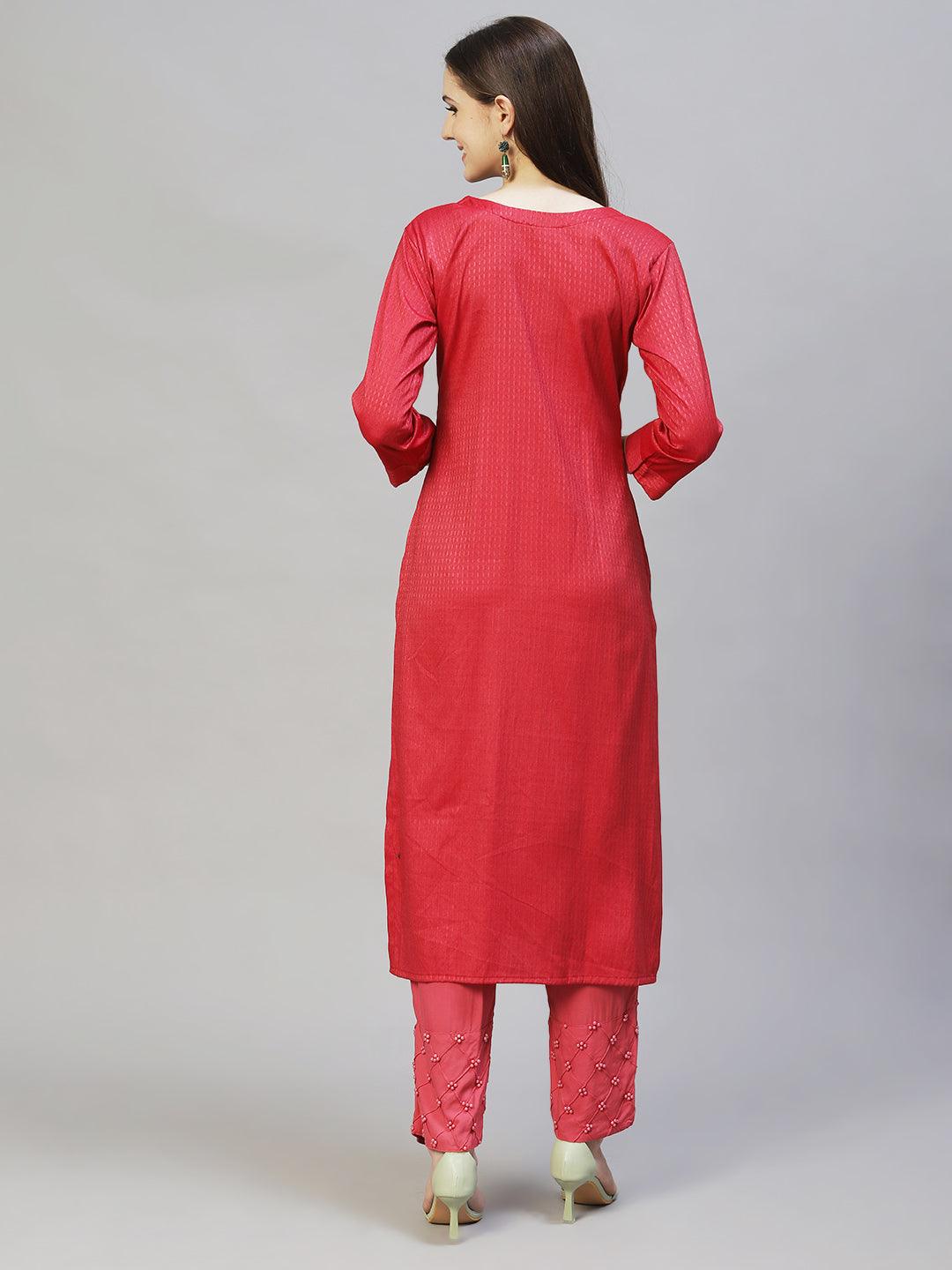 Ethnic Woven & Hand Embroidered Straight Fit Kurta – Red - Indiakreations