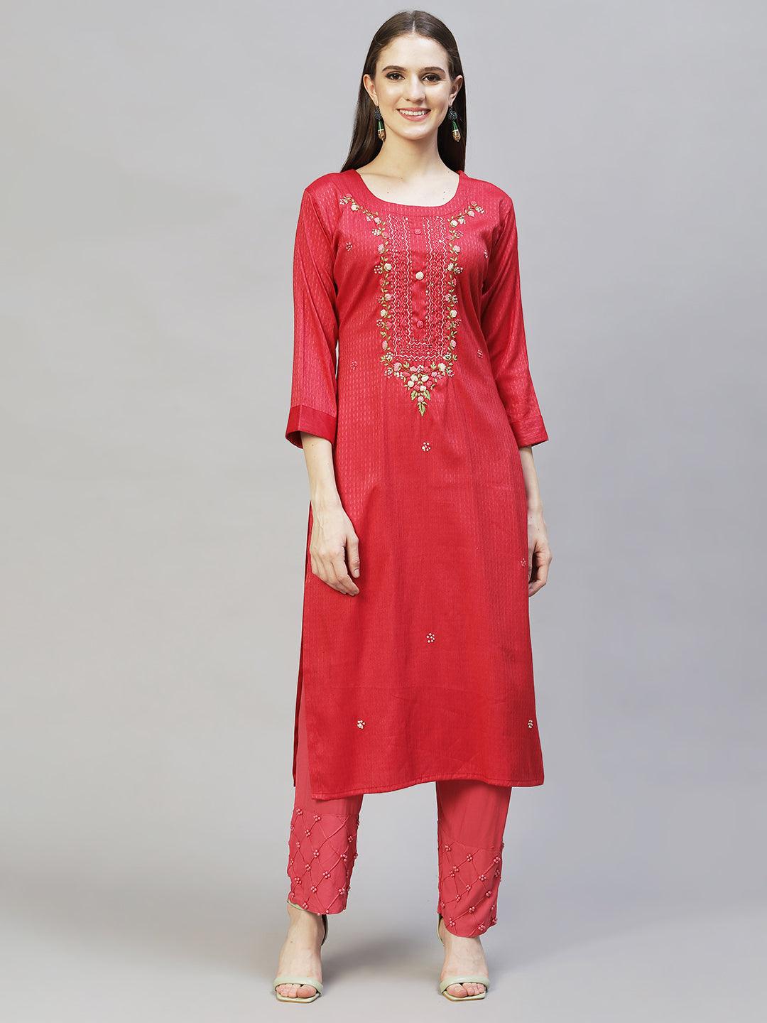 Ethnic Woven & Hand Embroidered Straight Fit Kurta – Red - Indiakreations