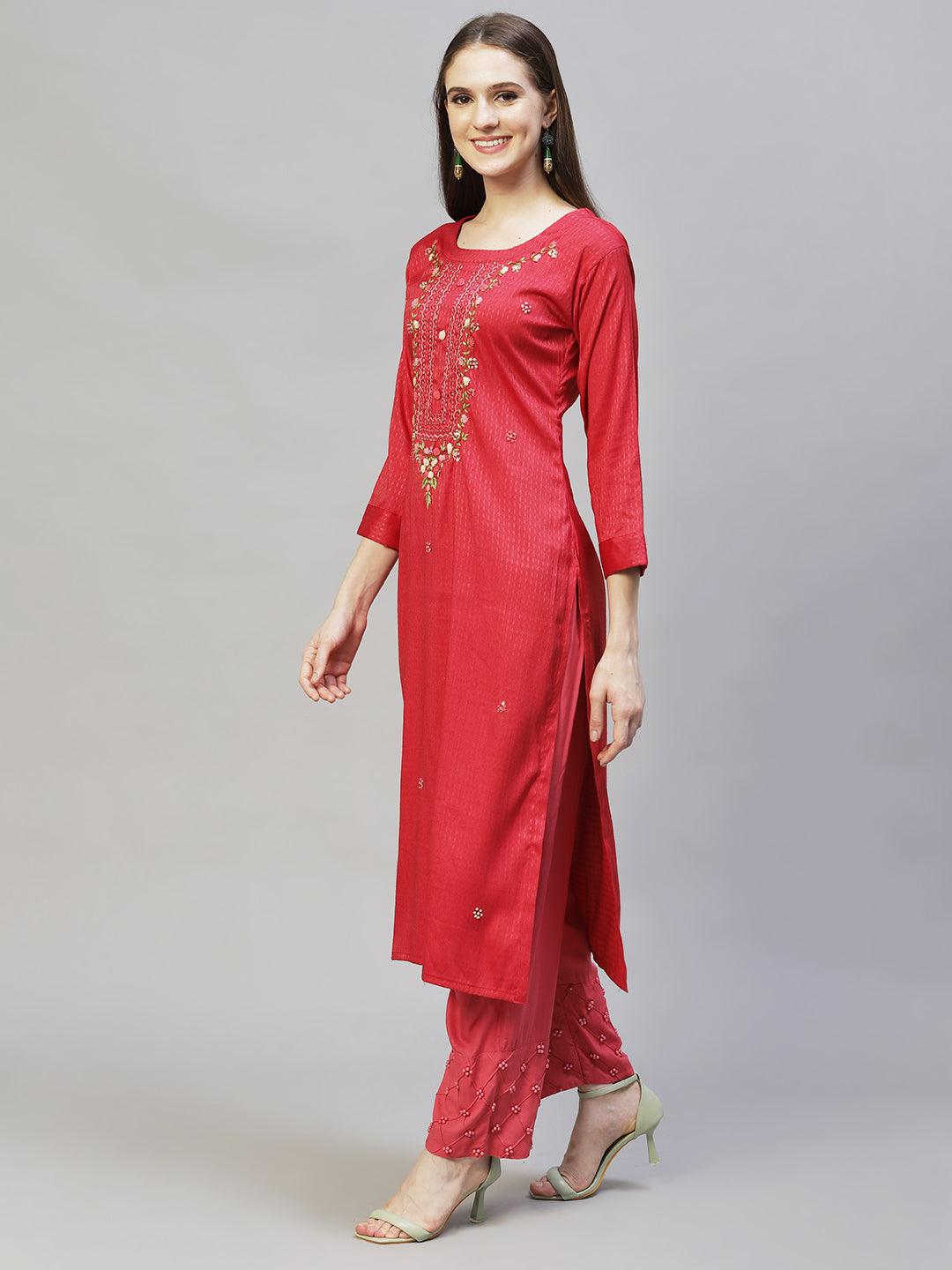 Ethnic Woven & Hand Embroidered Straight Fit Kurta – Red - Indiakreations