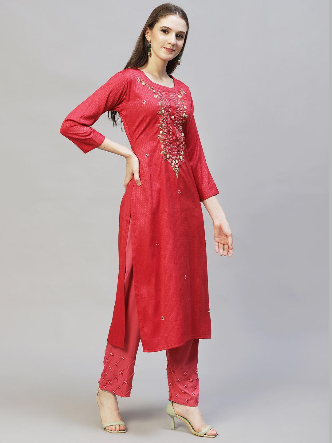 Ethnic Woven & Hand Embroidered Straight Fit Kurta – Red - Indiakreations