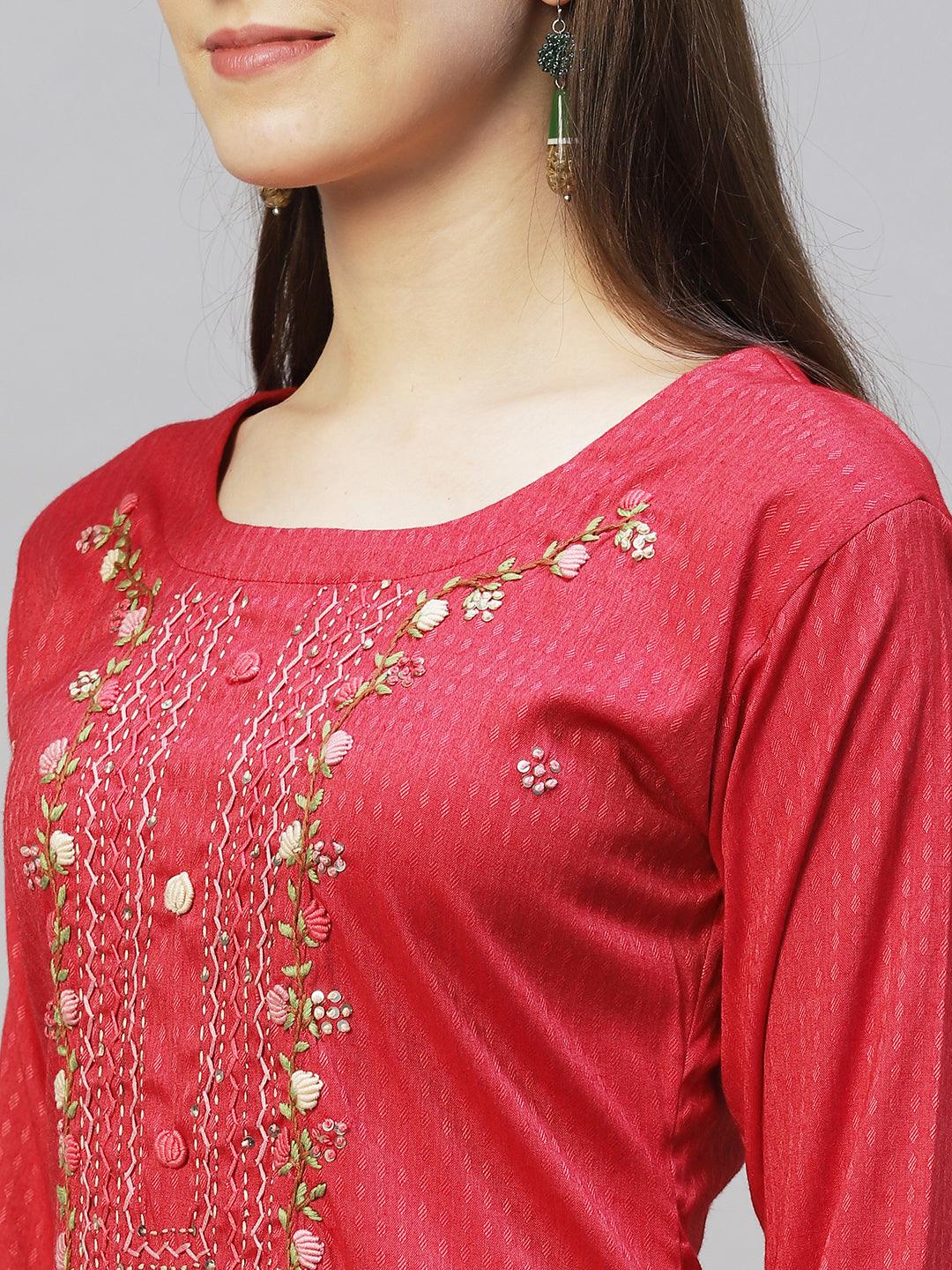 Ethnic Woven & Hand Embroidered Straight Fit Kurta – Red - Indiakreations