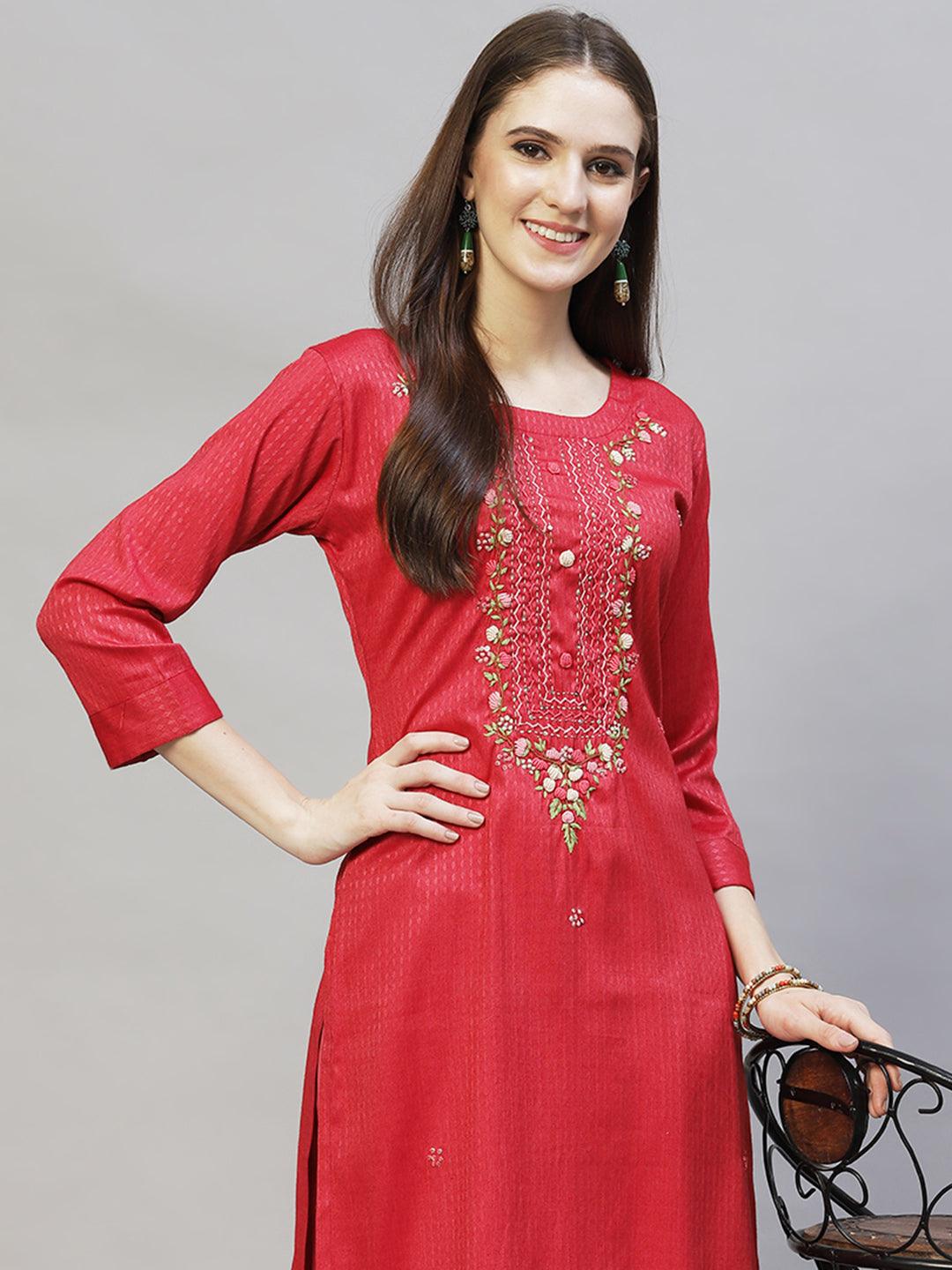 Ethnic Woven & Hand Embroidered Straight Fit Kurta – Red - Indiakreations