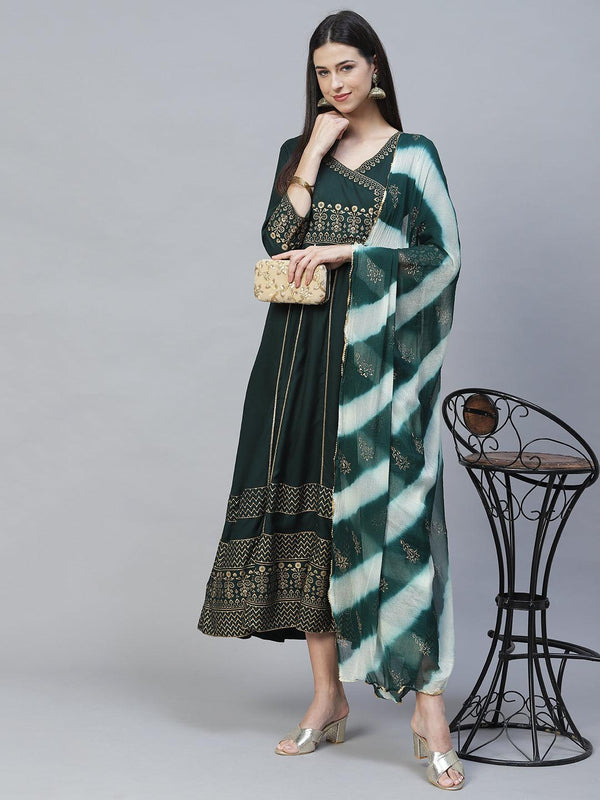 Ethnic Printed Anarkali Maxi Dress with Dupatta - Dark Green - Indiakreations