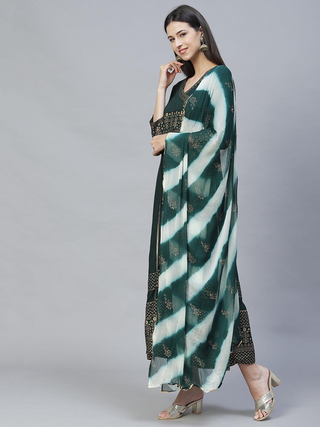 Ethnic Printed Anarkali Maxi Dress with Dupatta - Dark Green - Indiakreations