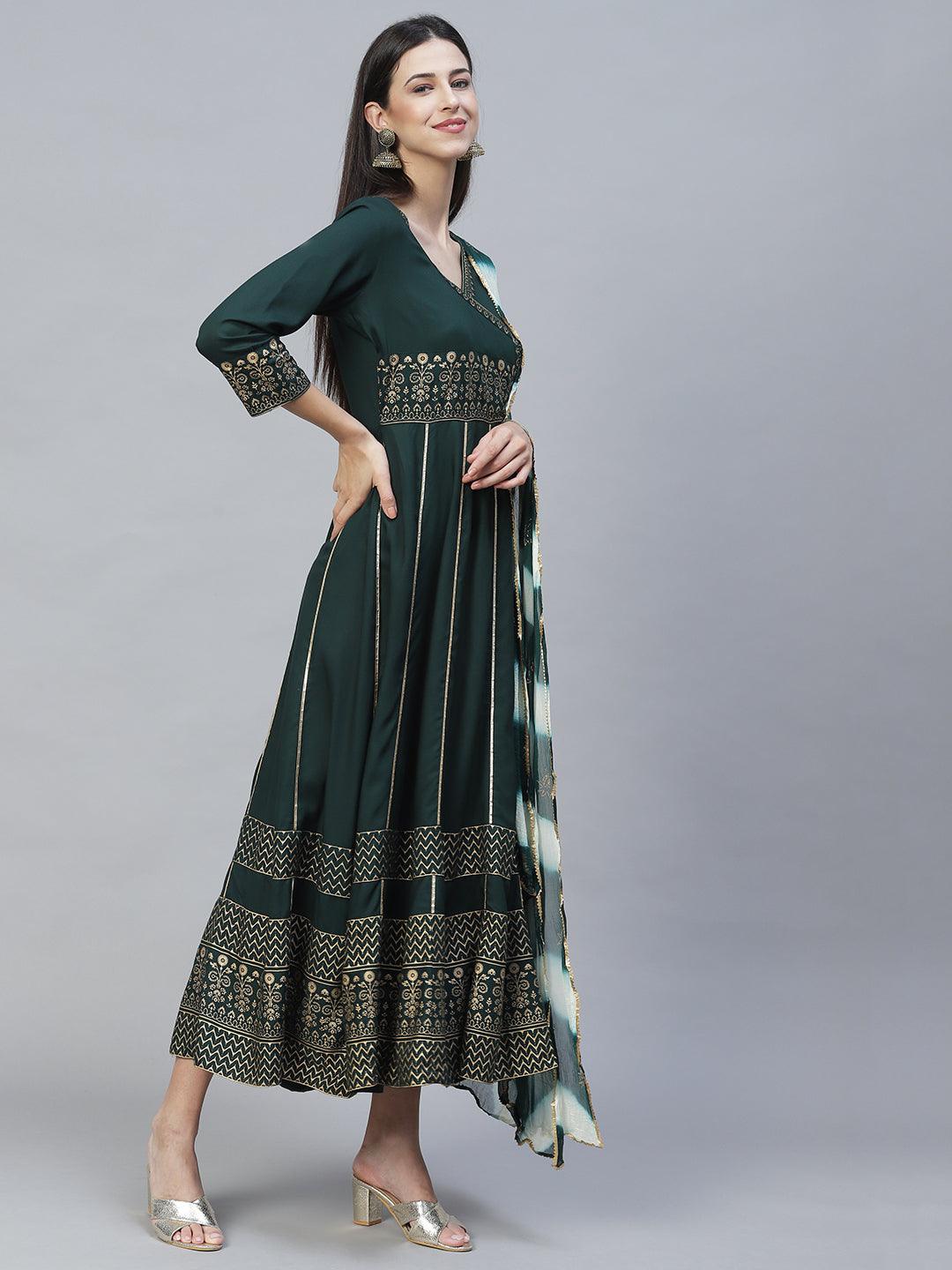 Ethnic Printed Anarkali Maxi Dress with Dupatta - Dark Green - Indiakreations