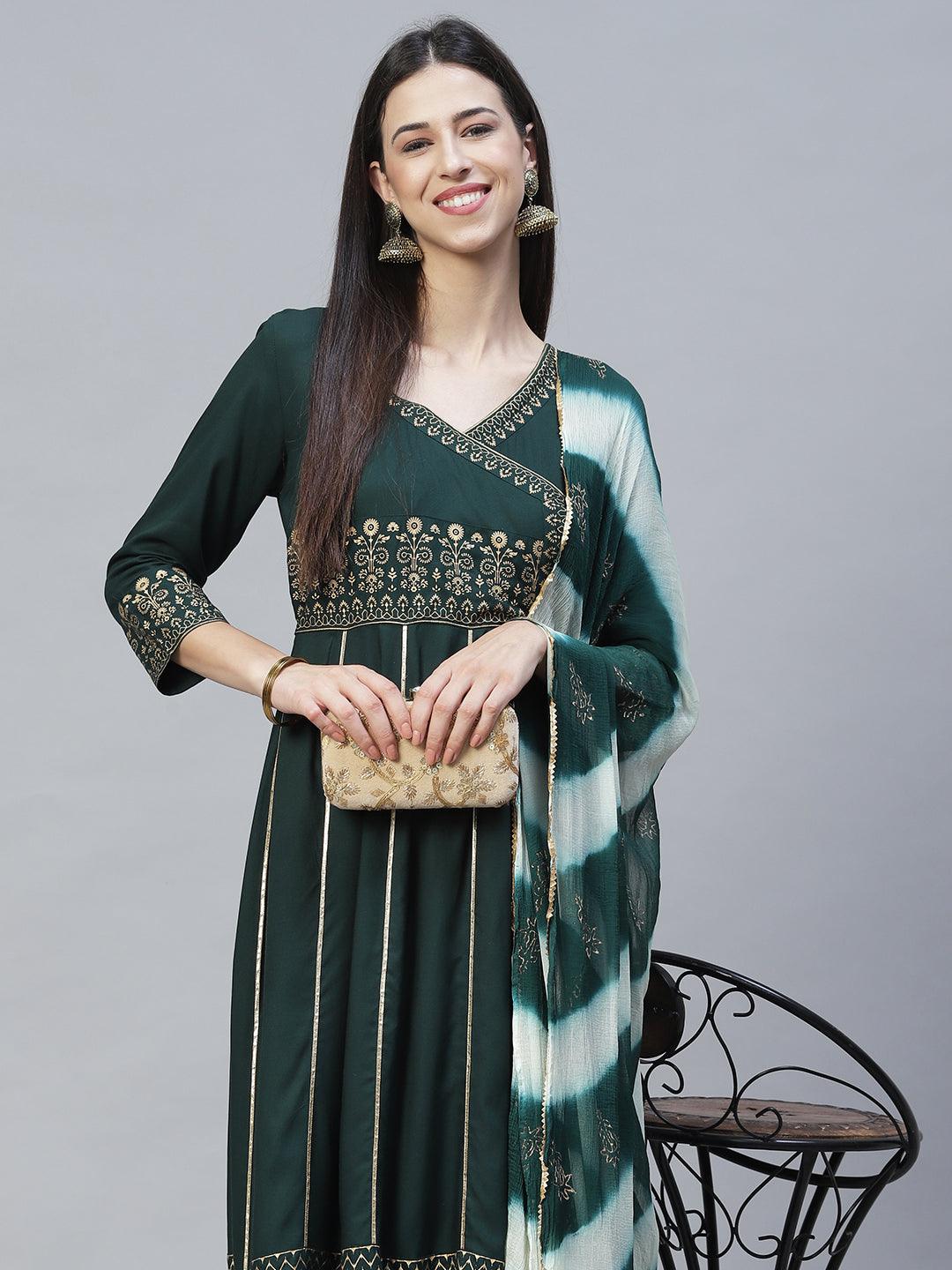 Ethnic Printed Anarkali Maxi Dress with Dupatta - Dark Green - Indiakreations