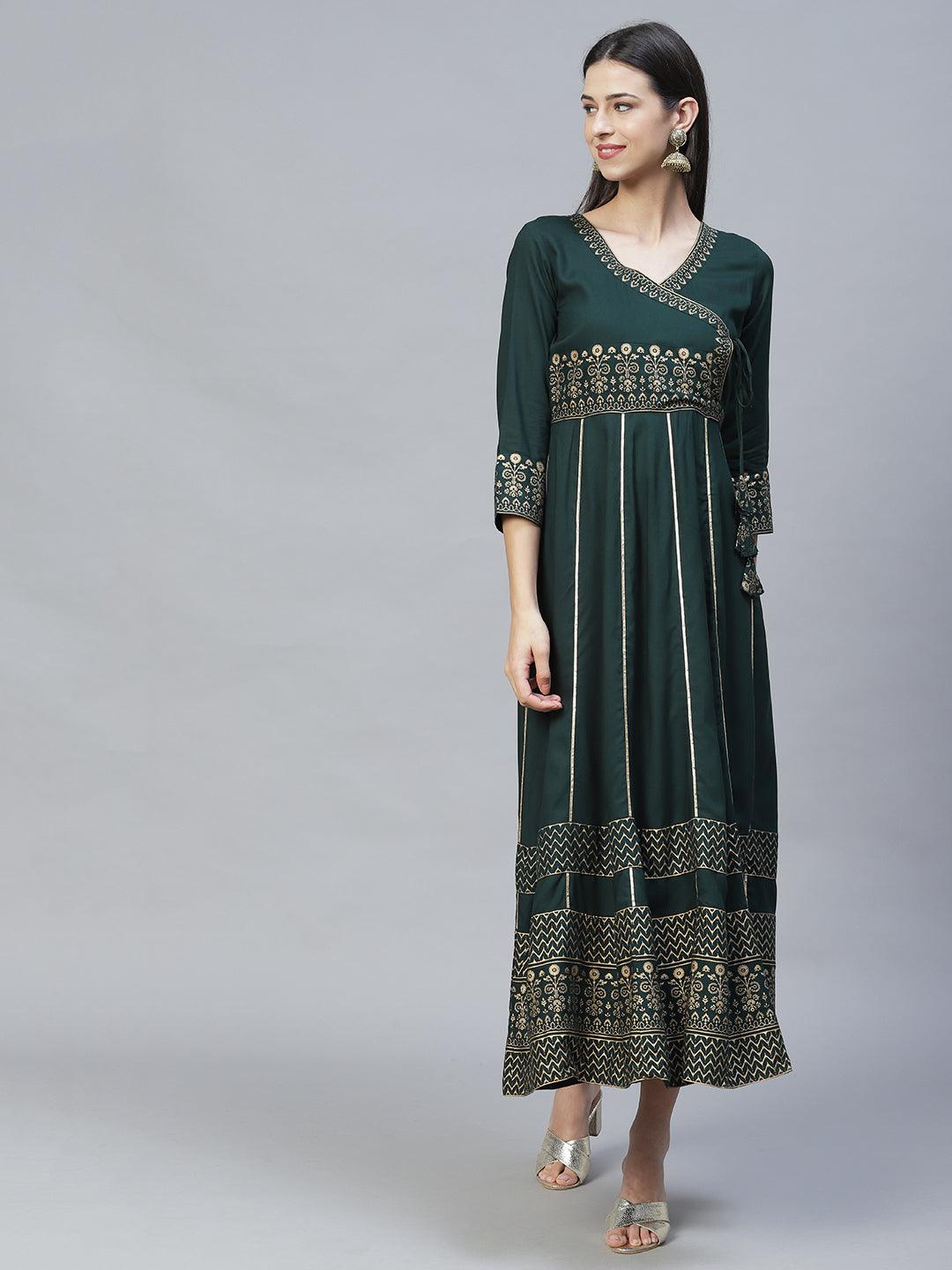 Ethnic Printed Anarkali Maxi Dress with Dupatta - Dark Green - Indiakreations