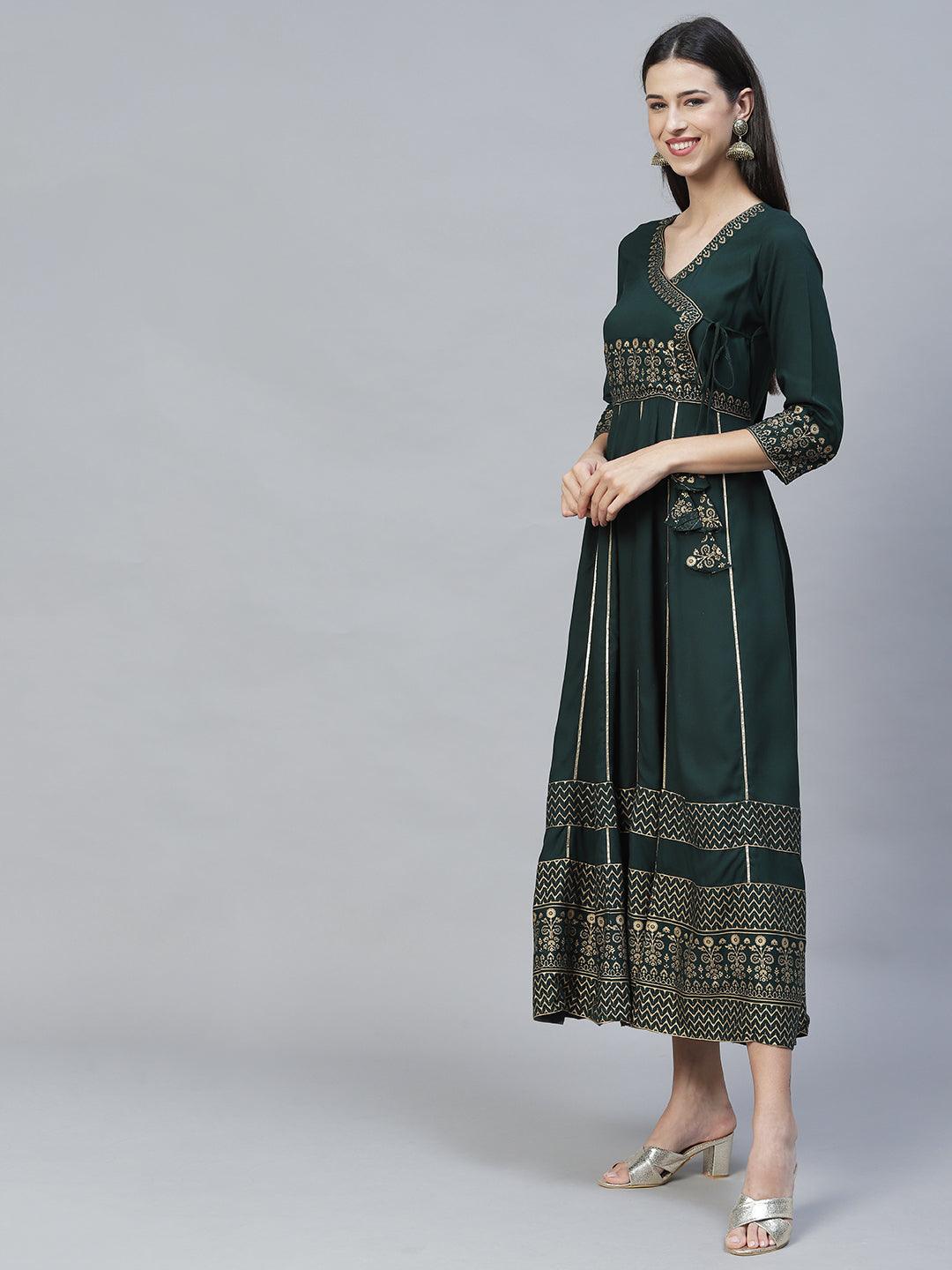 Ethnic Printed Anarkali Maxi Dress with Dupatta - Dark Green - Indiakreations