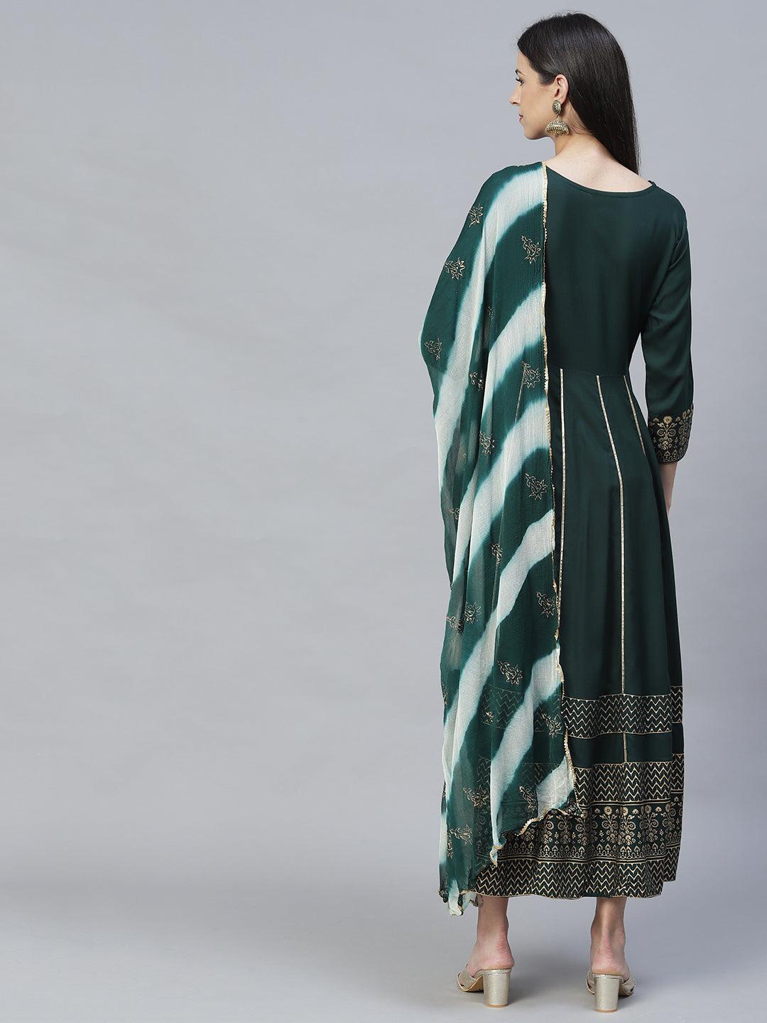 Ethnic Printed Anarkali Maxi Dress with Dupatta - Dark Green - Indiakreations