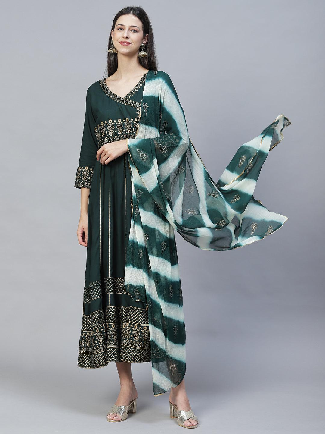 Ethnic Printed Anarkali Maxi Dress with Dupatta - Dark Green - Indiakreations